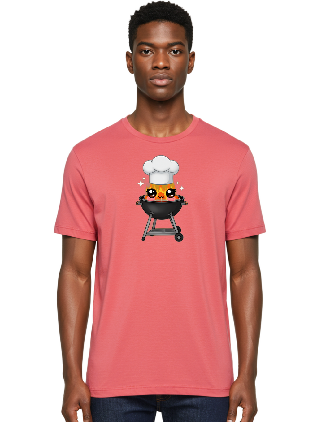 Chef-Hat-Flame-Grill Men'S Graphic Tee, 100% Cotton, Comfortable Casual Summer Wear, Machine Washable, Grill With Flames, Chef Hat, Cartoon Style, Barbecue Cooking, Sizzling Food, Playful Design, Grill Master, Outdoor Cooking, Bab730