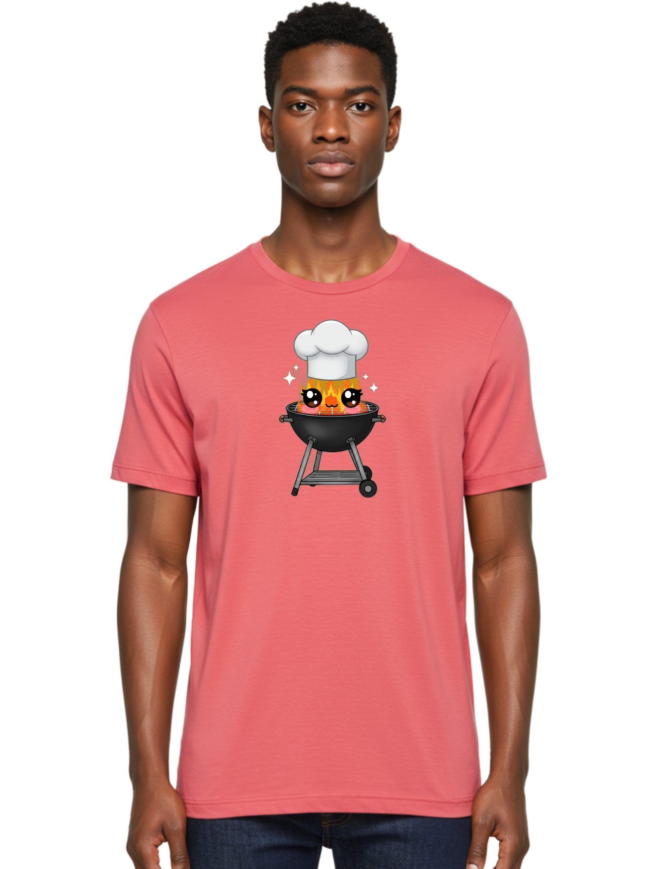 Chef-Hat-Flame-Grill Men'S Graphic Tee, 100% Cotton, Comfortable Casual Summer Wear, Machine Washable, Grill With Flames, Chef Hat, Cartoon Style, Barbecue Cooking, Sizzling Food, Playful Design, Grill Master, Outdoor Cooking, Bab730