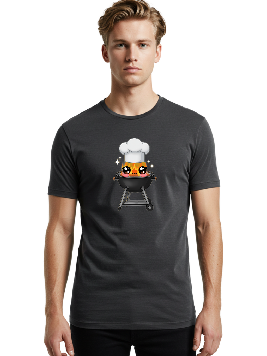 Chef-Hat-Flame-Grill Men'S Graphic Tee, 100% Cotton, Comfortable Casual Summer Wear, Machine Washable, Grill With Flames, Chef Hat, Cartoon Style, Barbecue Cooking, Sizzling Food, Playful Design, Grill Master, Outdoor Cooking, Bab730