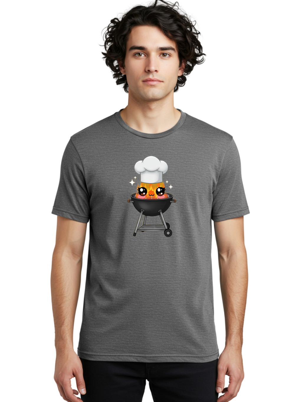 Chef-Hat-Flame-Grill Men'S Graphic Tee, 100% Cotton, Comfortable Casual Summer Wear, Machine Washable, Grill With Flames, Chef Hat, Cartoon Style, Barbecue Cooking, Sizzling Food, Playful Design, Grill Master, Outdoor Cooking, Bab730
