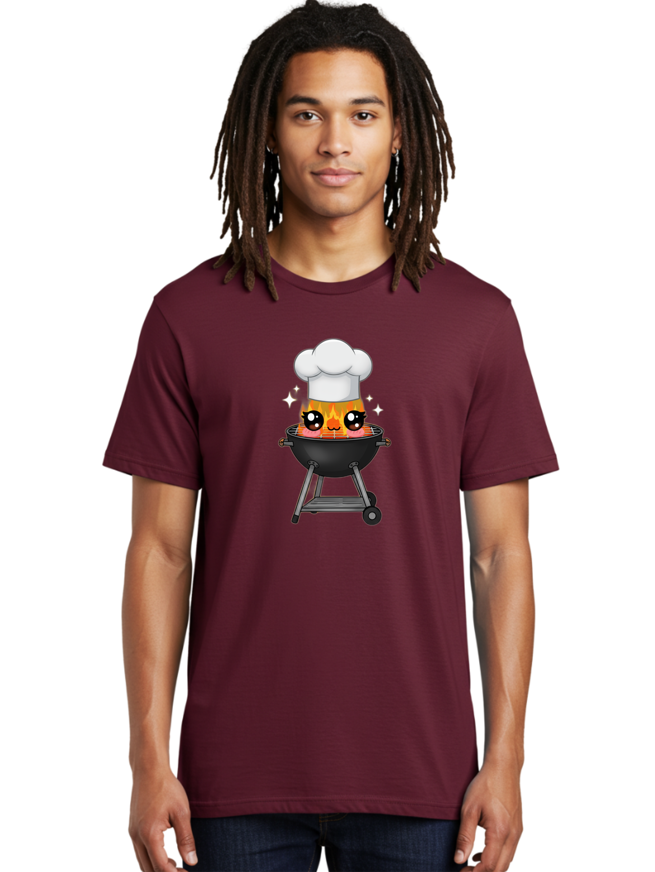 Chef-Hat-Flame-Grill Men'S Graphic Tee, 100% Cotton, Comfortable Casual Summer Wear, Machine Washable, Grill With Flames, Chef Hat, Cartoon Style, Barbecue Cooking, Sizzling Food, Playful Design, Grill Master, Outdoor Cooking, Bab730