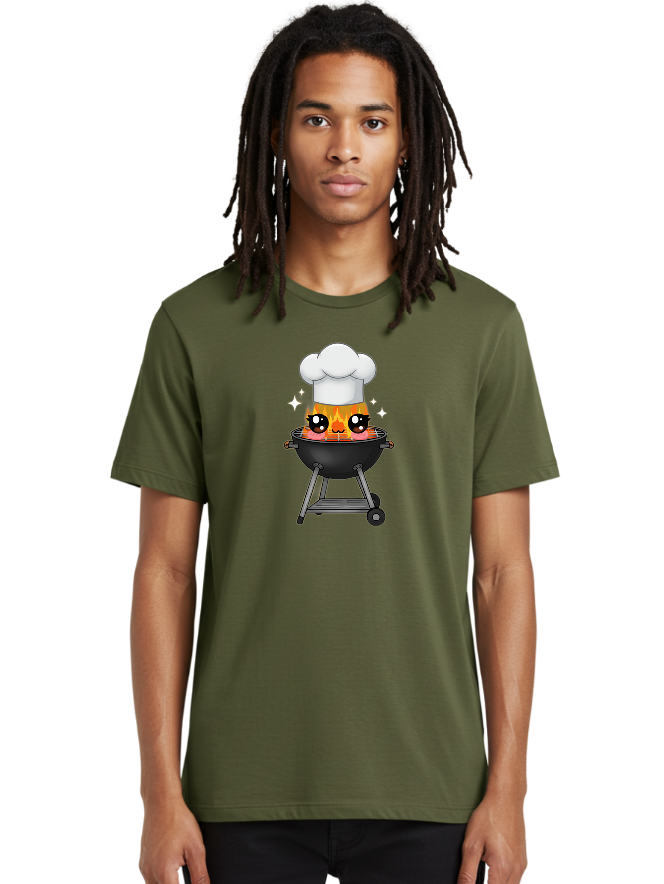 Chef-Hat-Flame-Grill Men'S Graphic Tee, 100% Cotton, Comfortable Casual Summer Wear, Machine Washable, Grill With Flames, Chef Hat, Cartoon Style, Barbecue Cooking, Sizzling Food, Playful Design, Grill Master, Outdoor Cooking, Bab730