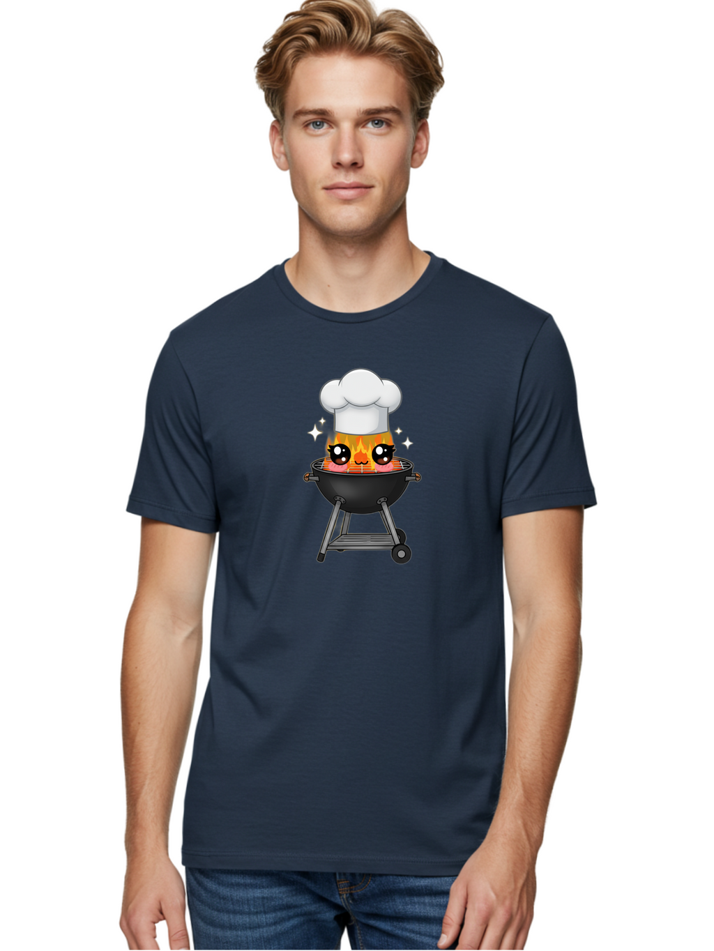 Chef-Hat-Flame-Grill Men'S Graphic Tee, 100% Cotton, Comfortable Casual Summer Wear, Machine Washable, Grill With Flames, Chef Hat, Cartoon Style, Barbecue Cooking, Sizzling Food, Playful Design, Grill Master, Outdoor Cooking, Bab730