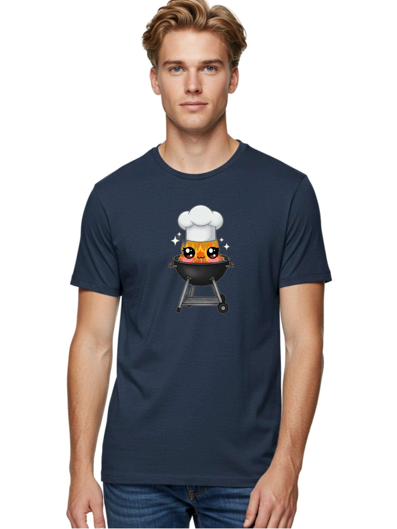 Chef-Hat-Flame-Grill Men'S Graphic Tee, 100% Cotton, Comfortable Casual Summer Wear, Machine Washable, Grill With Flames, Chef Hat, Cartoon Style, Barbecue Cooking, Sizzling Food, Playful Design, Grill Master, Outdoor Cooking, Bab730