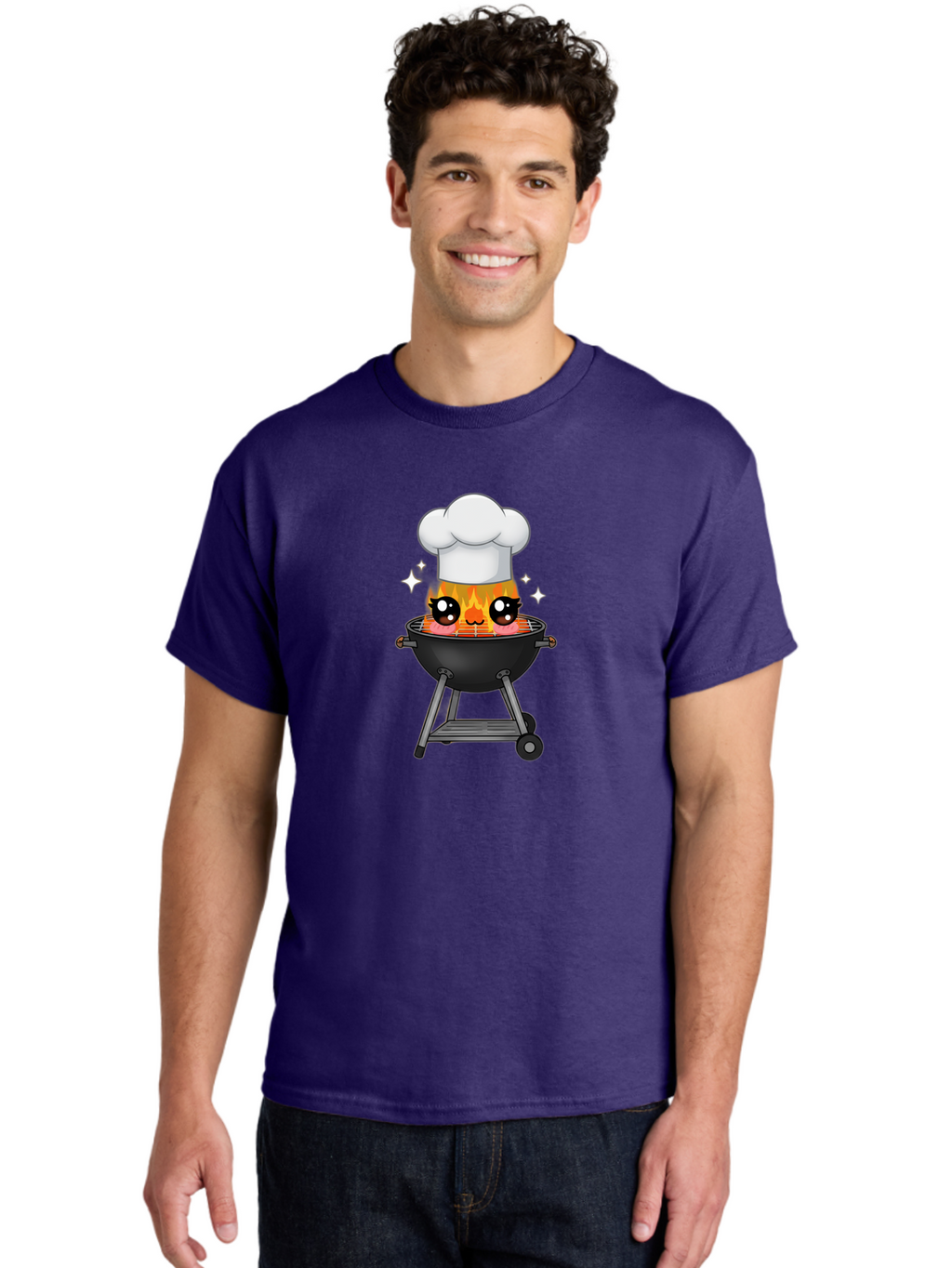 Chef-Hat-Flame-Grill Men'S Graphic Tee, 100% Cotton, Comfortable Casual Summer Wear, Machine Washable, Grill With Flames, Chef Hat, Cartoon Style, Barbecue Cooking, Sizzling Food, Playful Design, Grill Master, Outdoor Cooking, Bab730