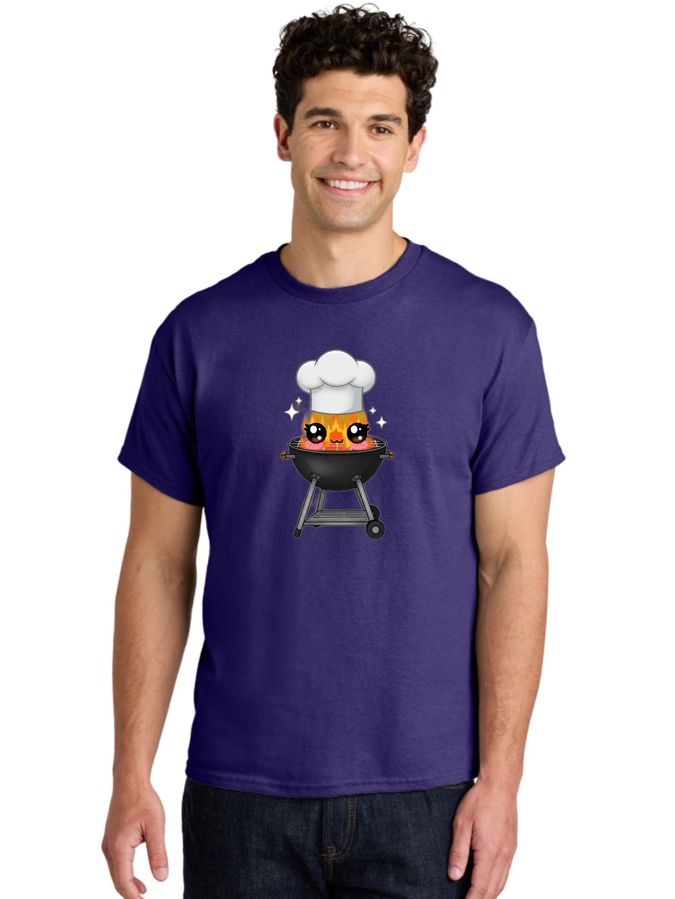 Chef-Hat-Flame-Grill Men'S Graphic Tee, 100% Cotton, Comfortable Casual Summer Wear, Machine Washable, Grill With Flames, Chef Hat, Cartoon Style, Barbecue Cooking, Sizzling Food, Playful Design, Grill Master, Outdoor Cooking, Bab730