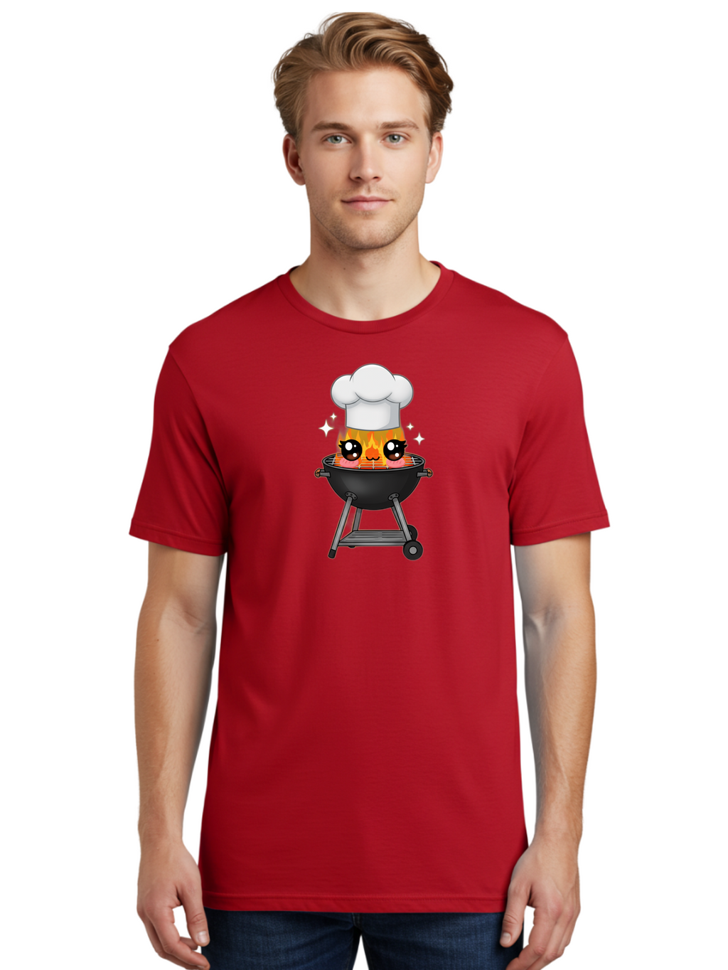 Chef-Hat-Flame-Grill Men'S Graphic Tee, 100% Cotton, Comfortable Casual Summer Wear, Machine Washable, Grill With Flames, Chef Hat, Cartoon Style, Barbecue Cooking, Sizzling Food, Playful Design, Grill Master, Outdoor Cooking, Bab730