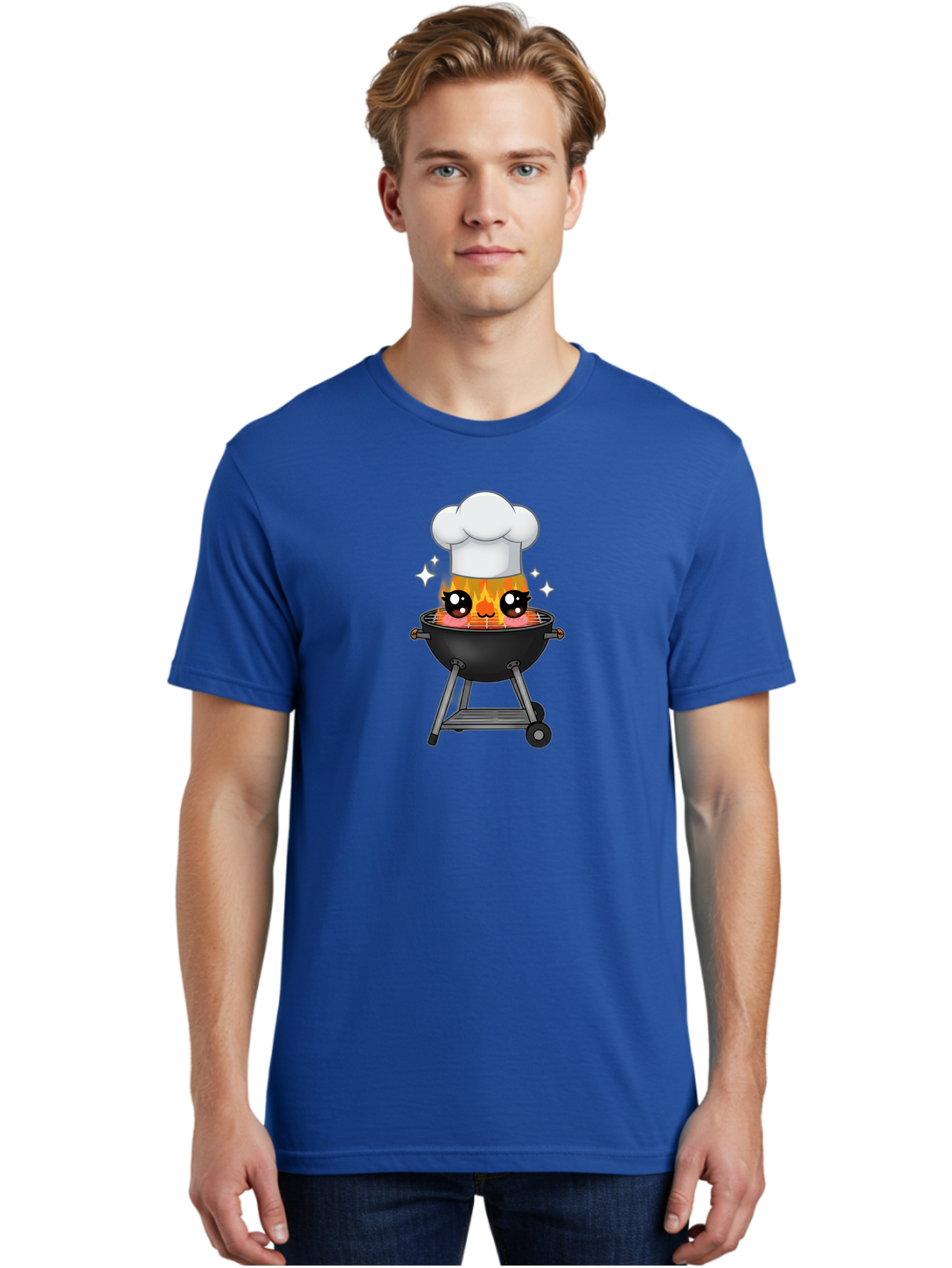 Chef-Hat-Flame-Grill Men'S Graphic Tee, 100% Cotton, Comfortable Casual Summer Wear, Machine Washable, Grill With Flames, Chef Hat, Cartoon Style, Barbecue Cooking, Sizzling Food, Playful Design, Grill Master, Outdoor Cooking, Bab730