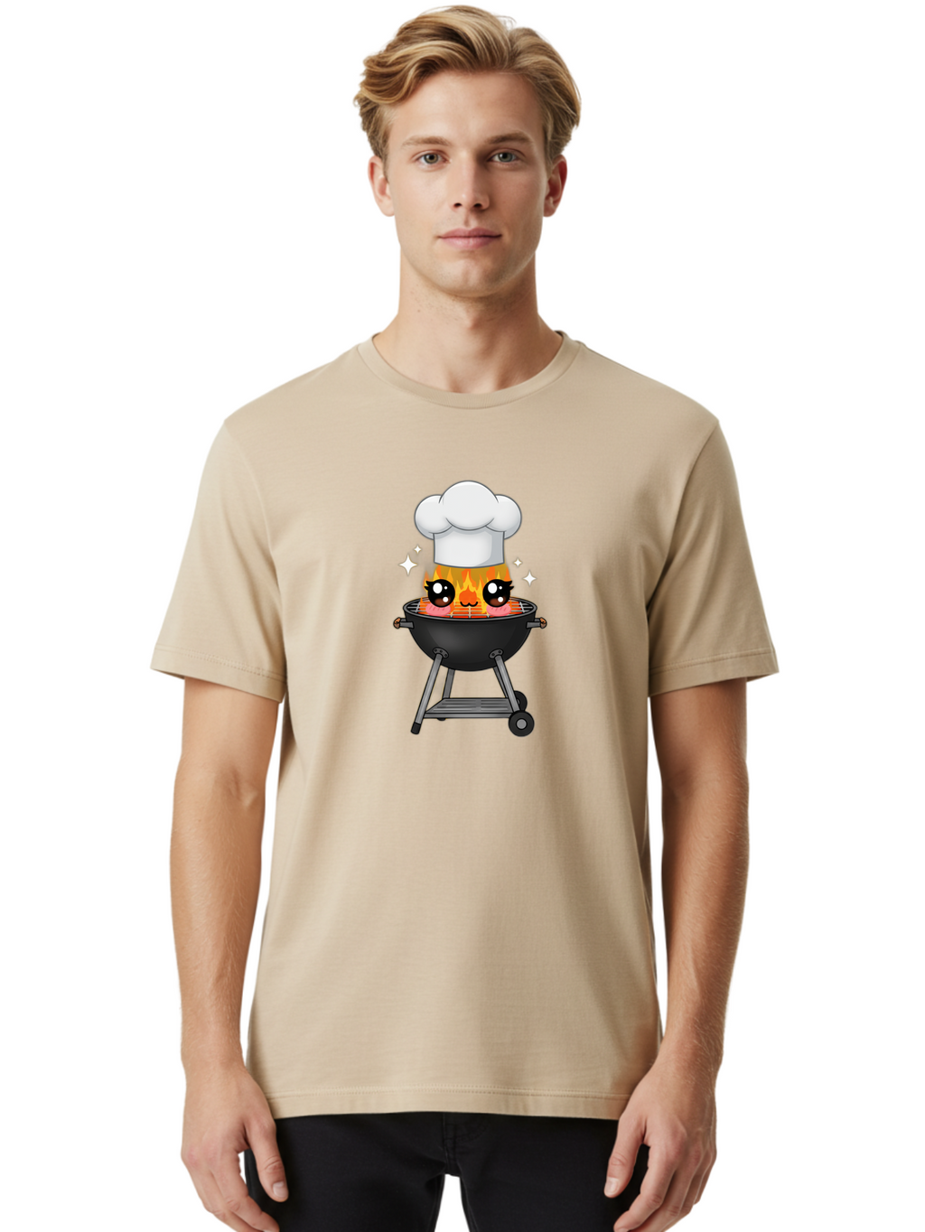 Chef-Hat-Flame-Grill Men'S Graphic Tee, 100% Cotton, Comfortable Casual Summer Wear, Machine Washable, Grill With Flames, Chef Hat, Cartoon Style, Barbecue Cooking, Sizzling Food, Playful Design, Grill Master, Outdoor Cooking, Bab730