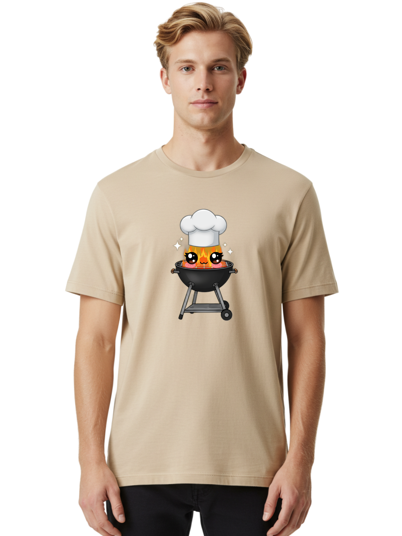 Chef-Hat-Flame-Grill Men'S Graphic Tee, 100% Cotton, Comfortable Casual Summer Wear, Machine Washable, Grill With Flames, Chef Hat, Cartoon Style, Barbecue Cooking, Sizzling Food, Playful Design, Grill Master, Outdoor Cooking, Bab730