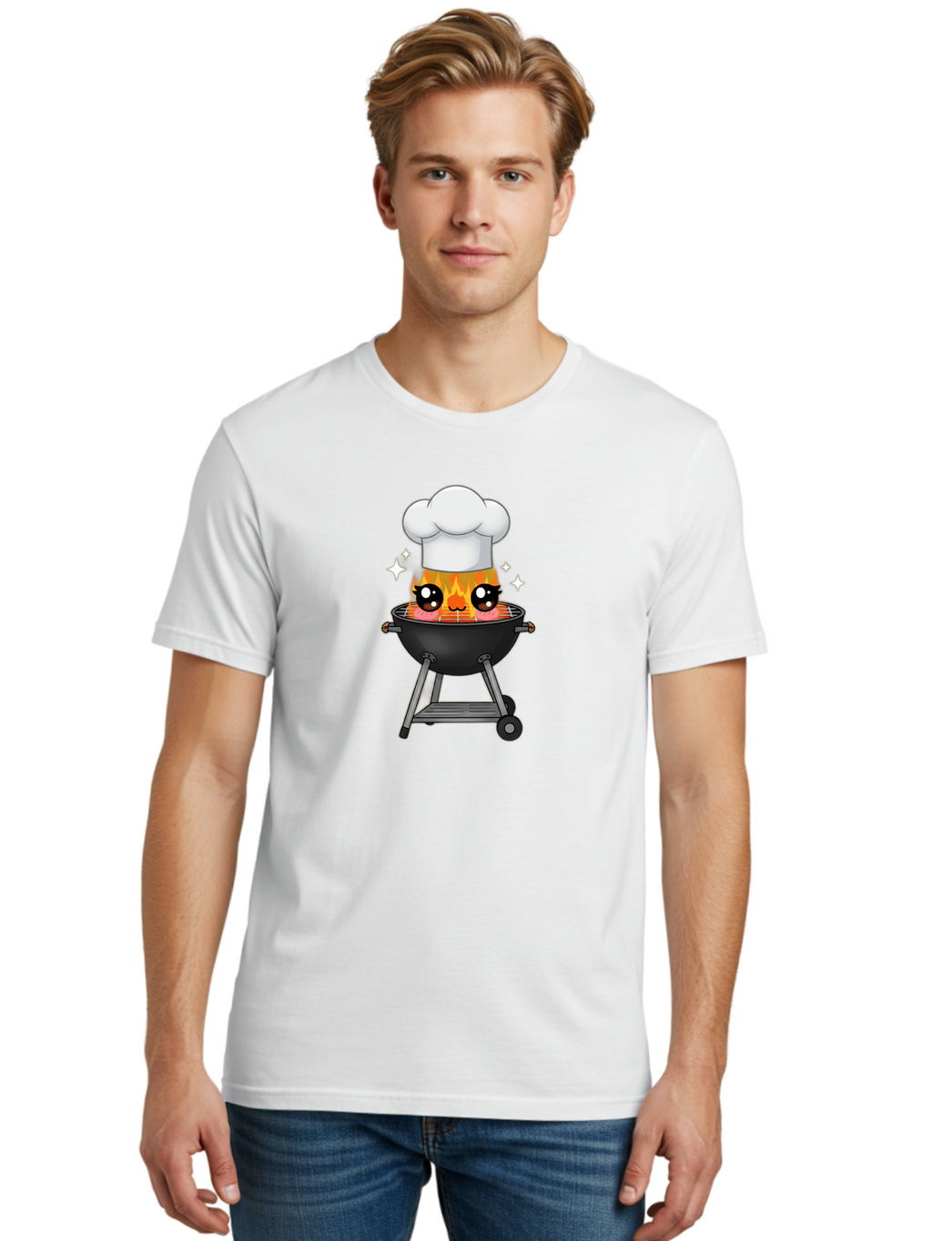 Chef-Hat-Flame-Grill Men'S Graphic Tee, 100% Cotton, Comfortable Casual Summer Wear, Machine Washable, Grill With Flames, Chef Hat, Cartoon Style, Barbecue Cooking, Sizzling Food, Playful Design, Grill Master, Outdoor Cooking, Bab730
