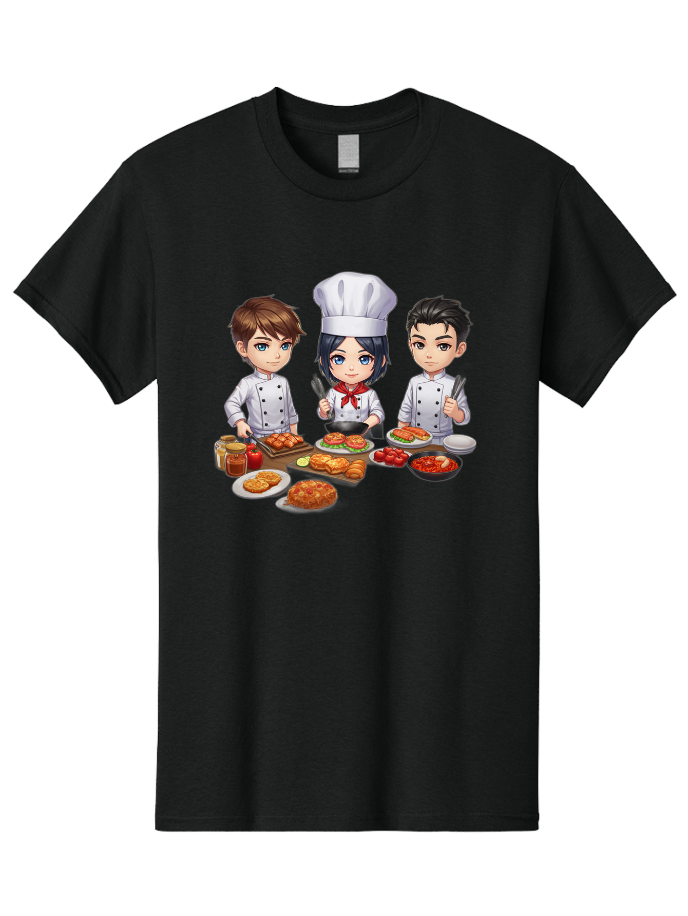 Chef-Team Men'S Graphic Tee, 100% Cotton, Comfortable Casual Summer Wear, Machine Washable, Cartoon Chefs, Cooking Together, Kitchen Teamwork, Culinary Delights, Food Preparation, Chef Hats, Kitchen Utensils, Delicious Dishes, Savory Meals, Bab731