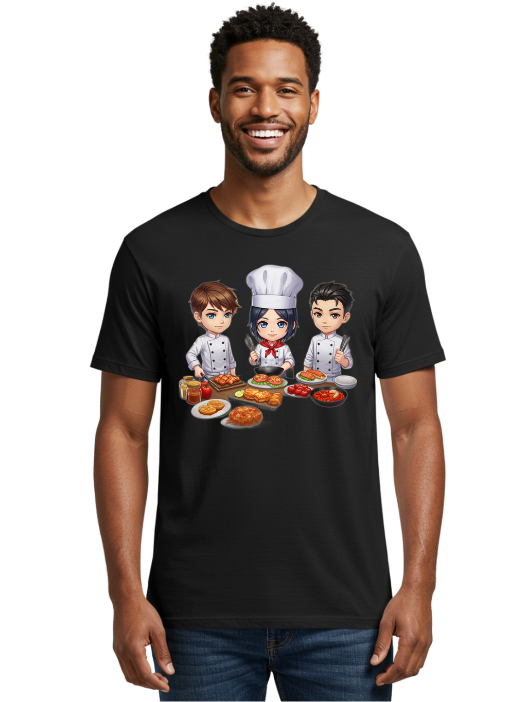 Chef-Team Men'S Graphic Tee, 100% Cotton, Comfortable Casual Summer Wear, Machine Washable, Cartoon Chefs, Cooking Together, Kitchen Teamwork, Culinary Delights, Food Preparation, Chef Hats, Kitchen Utensils, Delicious Dishes, Savory Meals, Bab731