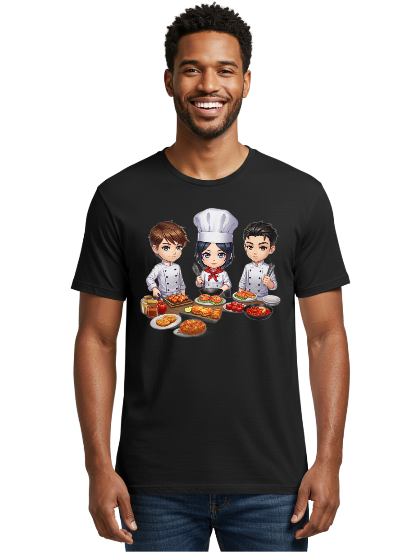 Chef-Team Men'S Graphic Tee, 100% Cotton, Comfortable Casual Summer Wear, Machine Washable, Cartoon Chefs, Cooking Together, Kitchen Teamwork, Culinary Delights, Food Preparation, Chef Hats, Kitchen Utensils, Delicious Dishes, Savory Meals, Bab731