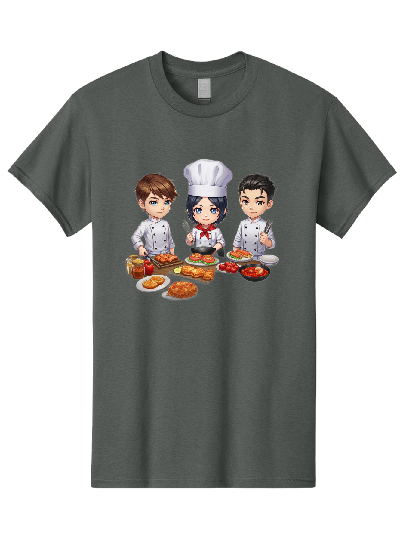 Chef-Team Men'S Graphic Tee, 100% Cotton, Comfortable Casual Summer Wear, Machine Washable, Cartoon Chefs, Cooking Together, Kitchen Teamwork, Culinary Delights, Food Preparation, Chef Hats, Kitchen Utensils, Delicious Dishes, Savory Meals, Bab731