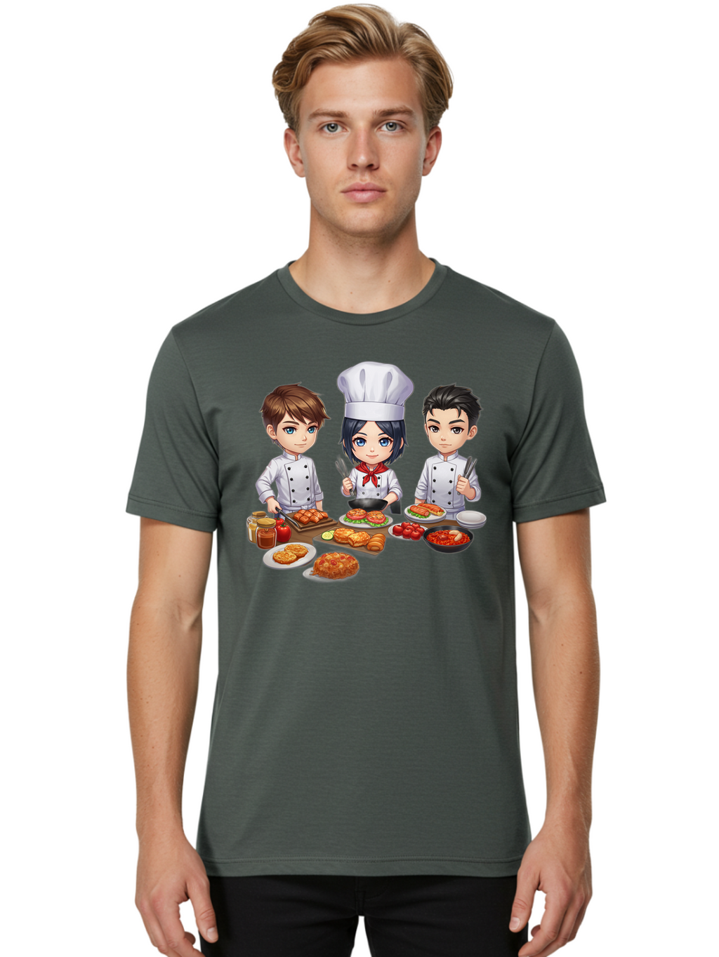 Chef-Team Men'S Graphic Tee, 100% Cotton, Comfortable Casual Summer Wear, Machine Washable, Cartoon Chefs, Cooking Together, Kitchen Teamwork, Culinary Delights, Food Preparation, Chef Hats, Kitchen Utensils, Delicious Dishes, Savory Meals, Bab731