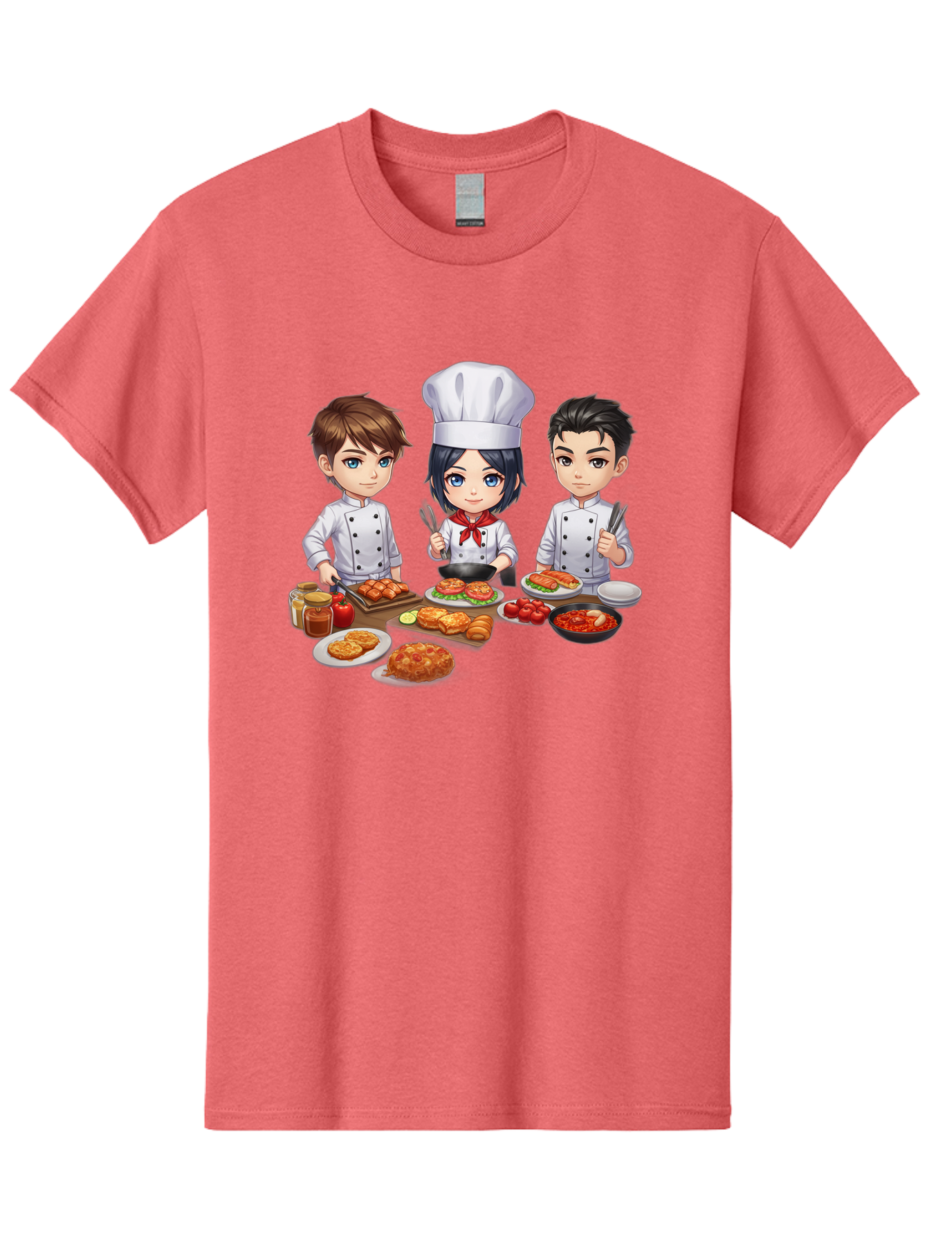 Chef-Team Men'S Graphic Tee, 100% Cotton, Comfortable Casual Summer Wear, Machine Washable, Cartoon Chefs, Cooking Together, Kitchen Teamwork, Culinary Delights, Food Preparation, Chef Hats, Kitchen Utensils, Delicious Dishes, Savory Meals, Bab731