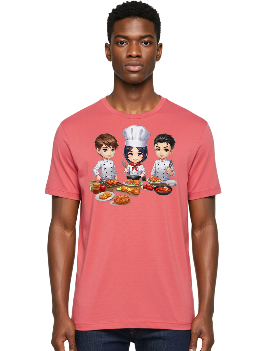 Chef-Team Men'S Graphic Tee, 100% Cotton, Comfortable Casual Summer Wear, Machine Washable, Cartoon Chefs, Cooking Together, Kitchen Teamwork, Culinary Delights, Food Preparation, Chef Hats, Kitchen Utensils, Delicious Dishes, Savory Meals, Bab731