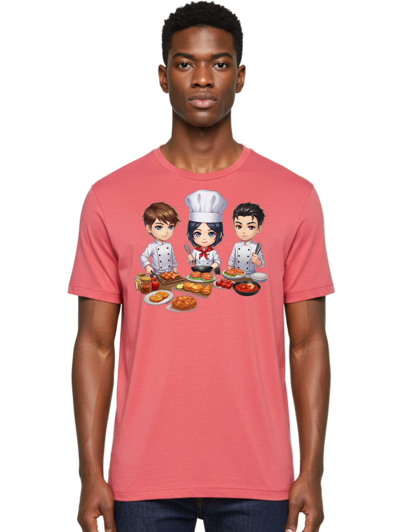 Chef-Team Men'S Graphic Tee, 100% Cotton, Comfortable Casual Summer Wear, Machine Washable, Cartoon Chefs, Cooking Together, Kitchen Teamwork, Culinary Delights, Food Preparation, Chef Hats, Kitchen Utensils, Delicious Dishes, Savory Meals, Bab731