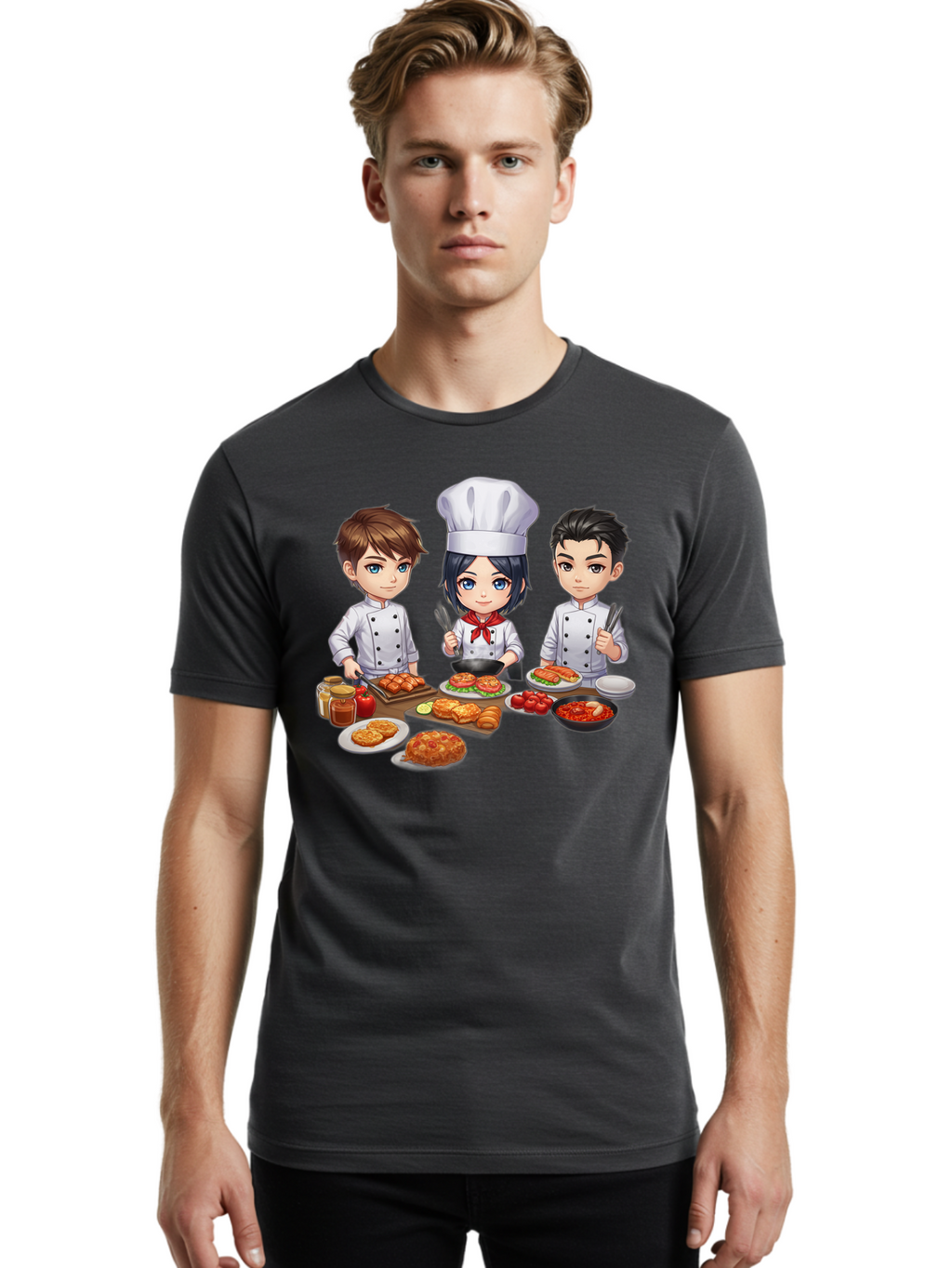 Chef-Team Men'S Graphic Tee, 100% Cotton, Comfortable Casual Summer Wear, Machine Washable, Cartoon Chefs, Cooking Together, Kitchen Teamwork, Culinary Delights, Food Preparation, Chef Hats, Kitchen Utensils, Delicious Dishes, Savory Meals, Bab731