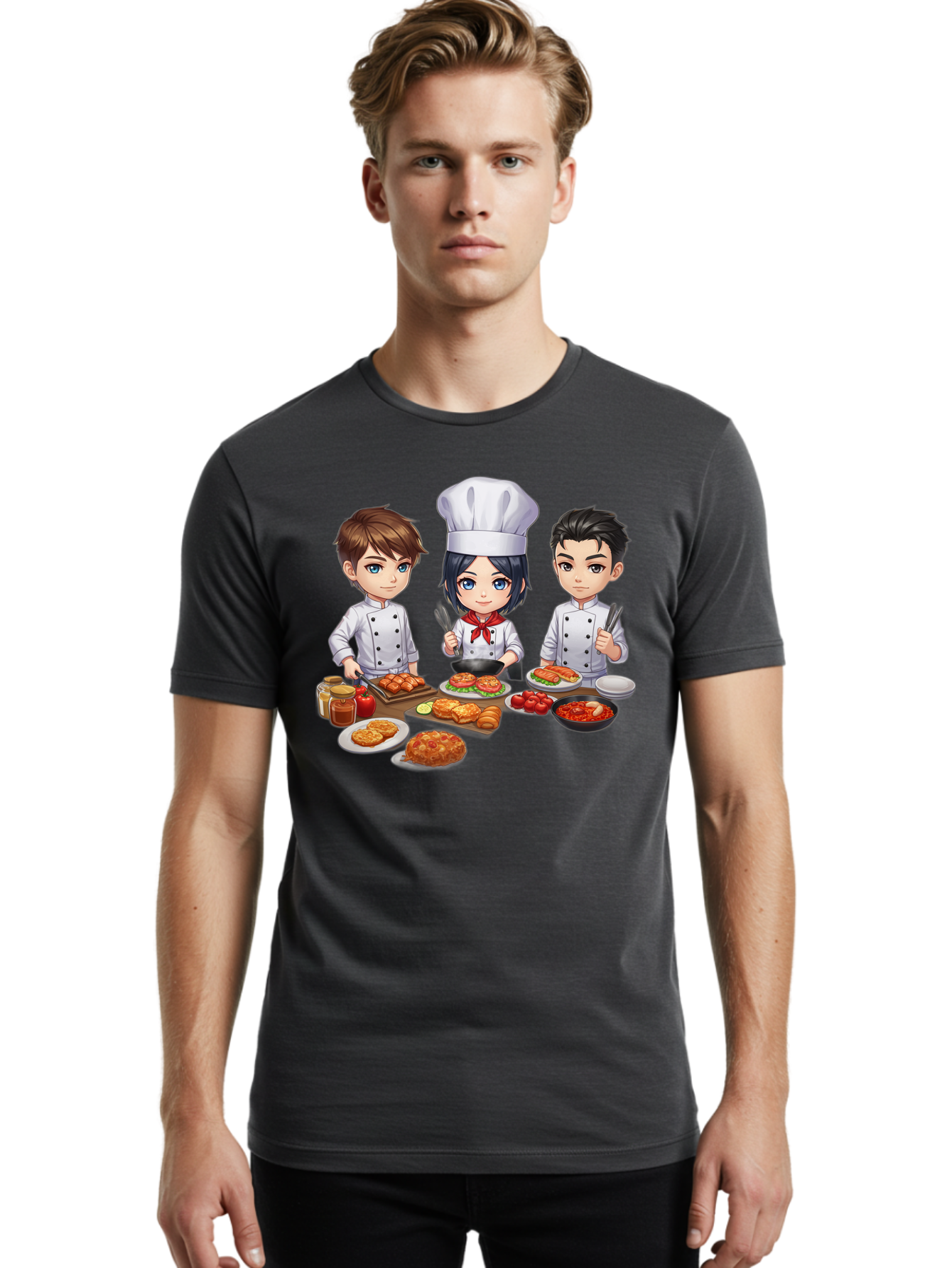 Chef-Team Men'S Graphic Tee, 100% Cotton, Comfortable Casual Summer Wear, Machine Washable, Cartoon Chefs, Cooking Together, Kitchen Teamwork, Culinary Delights, Food Preparation, Chef Hats, Kitchen Utensils, Delicious Dishes, Savory Meals, Bab731