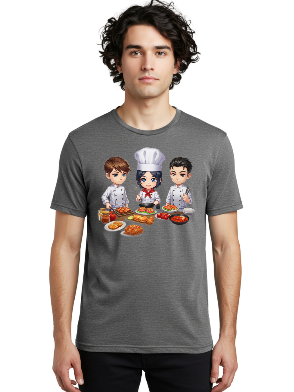 Chef-Team Men'S Graphic Tee, 100% Cotton, Comfortable Casual Summer Wear, Machine Washable, Cartoon Chefs, Cooking Together, Kitchen Teamwork, Culinary Delights, Food Preparation, Chef Hats, Kitchen Utensils, Delicious Dishes, Savory Meals, Bab731