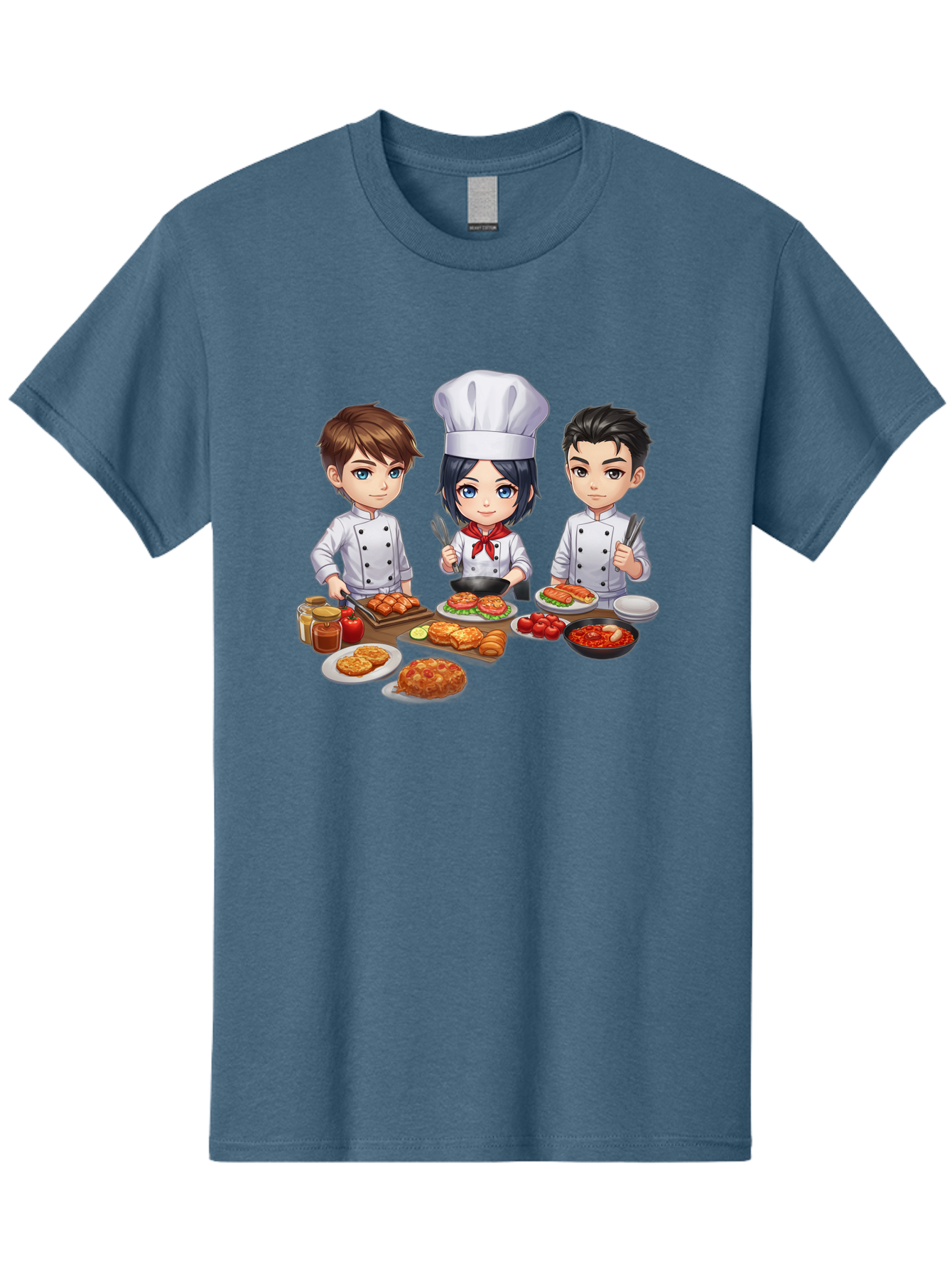 Chef-Team Men'S Graphic Tee, 100% Cotton, Comfortable Casual Summer Wear, Machine Washable, Cartoon Chefs, Cooking Together, Kitchen Teamwork, Culinary Delights, Food Preparation, Chef Hats, Kitchen Utensils, Delicious Dishes, Savory Meals, Bab731