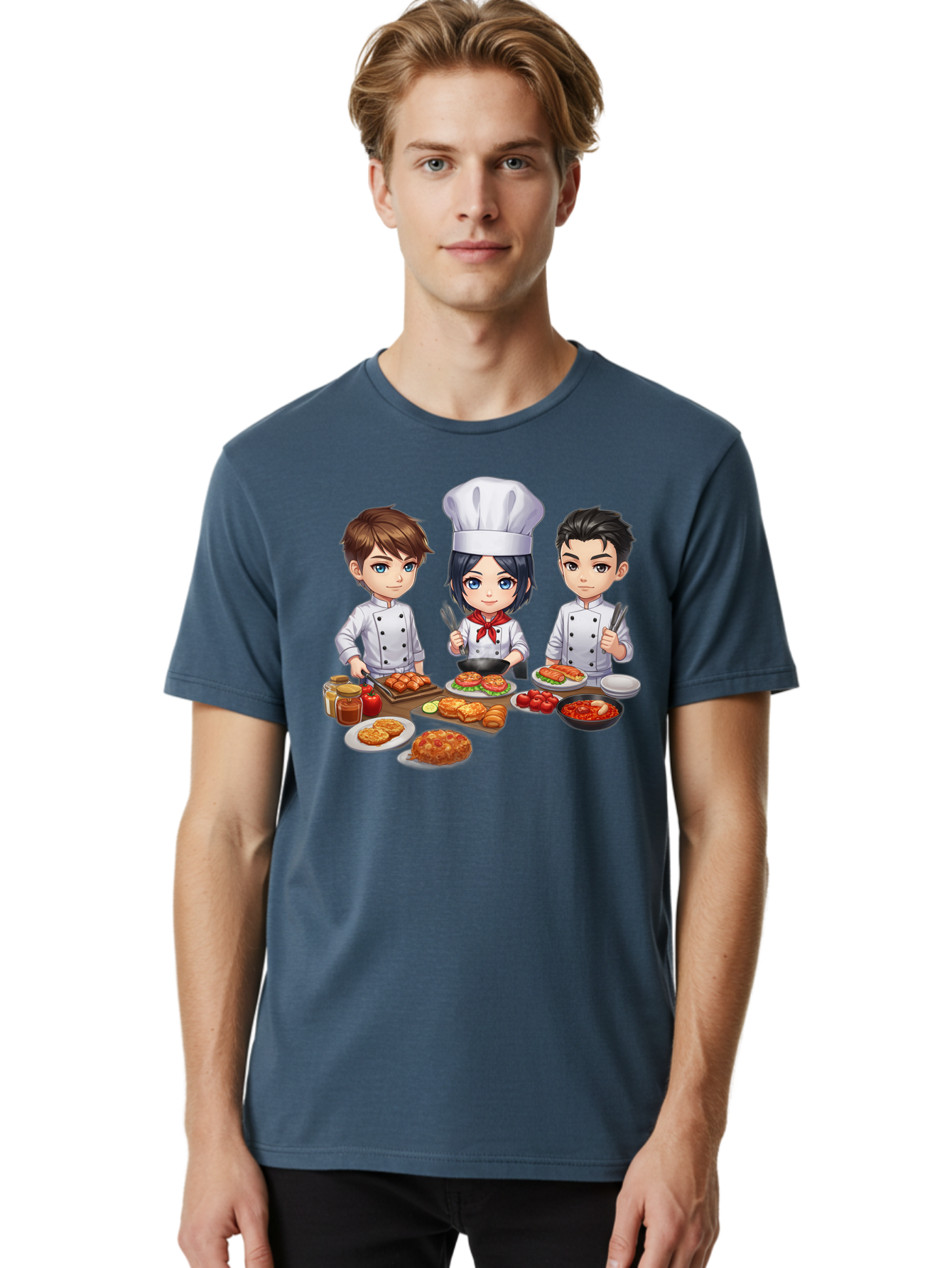 Chef-Team Men'S Graphic Tee, 100% Cotton, Comfortable Casual Summer Wear, Machine Washable, Cartoon Chefs, Cooking Together, Kitchen Teamwork, Culinary Delights, Food Preparation, Chef Hats, Kitchen Utensils, Delicious Dishes, Savory Meals, Bab731