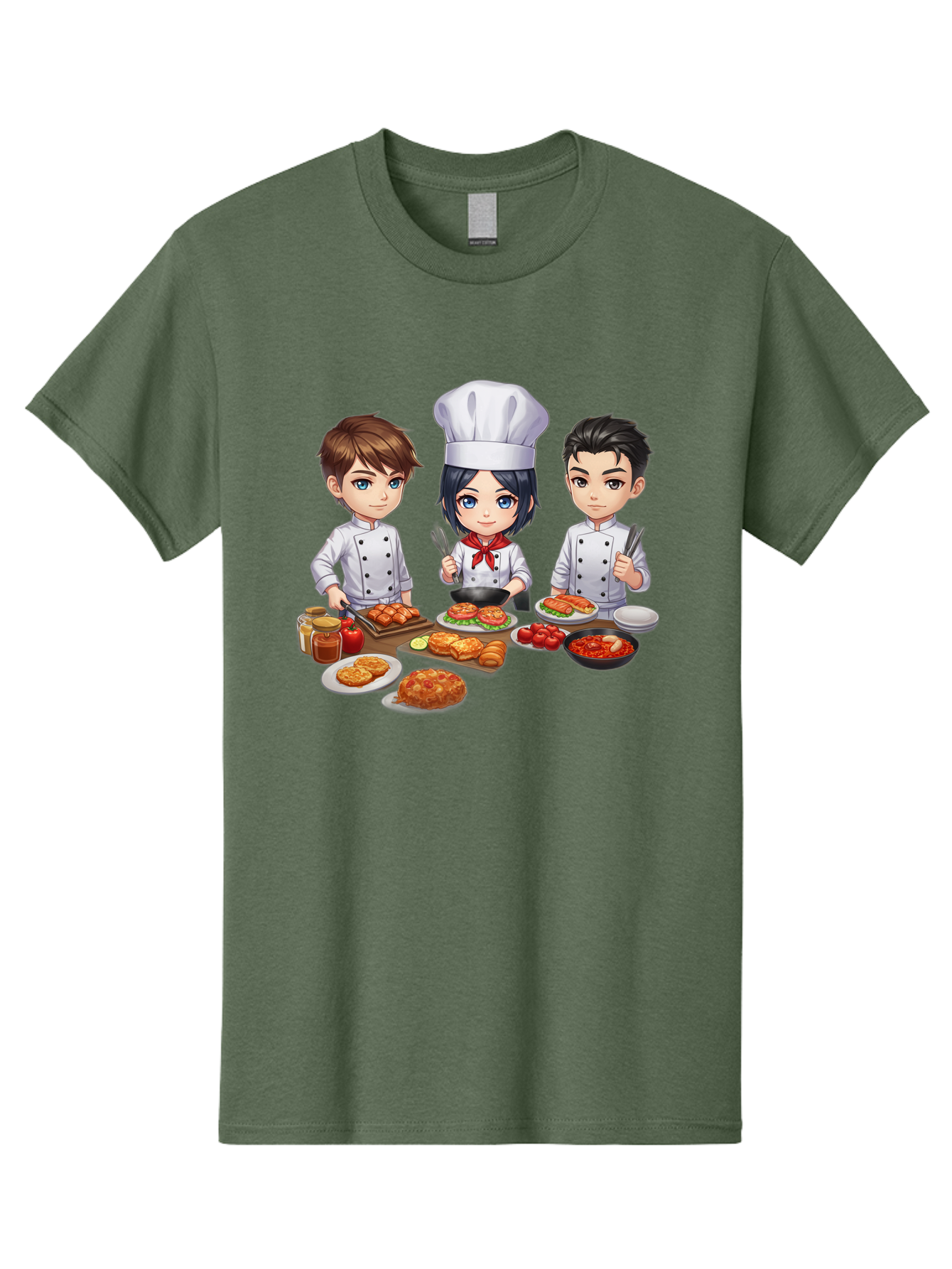 Chef-Team Men'S Graphic Tee, 100% Cotton, Comfortable Casual Summer Wear, Machine Washable, Cartoon Chefs, Cooking Together, Kitchen Teamwork, Culinary Delights, Food Preparation, Chef Hats, Kitchen Utensils, Delicious Dishes, Savory Meals, Bab731