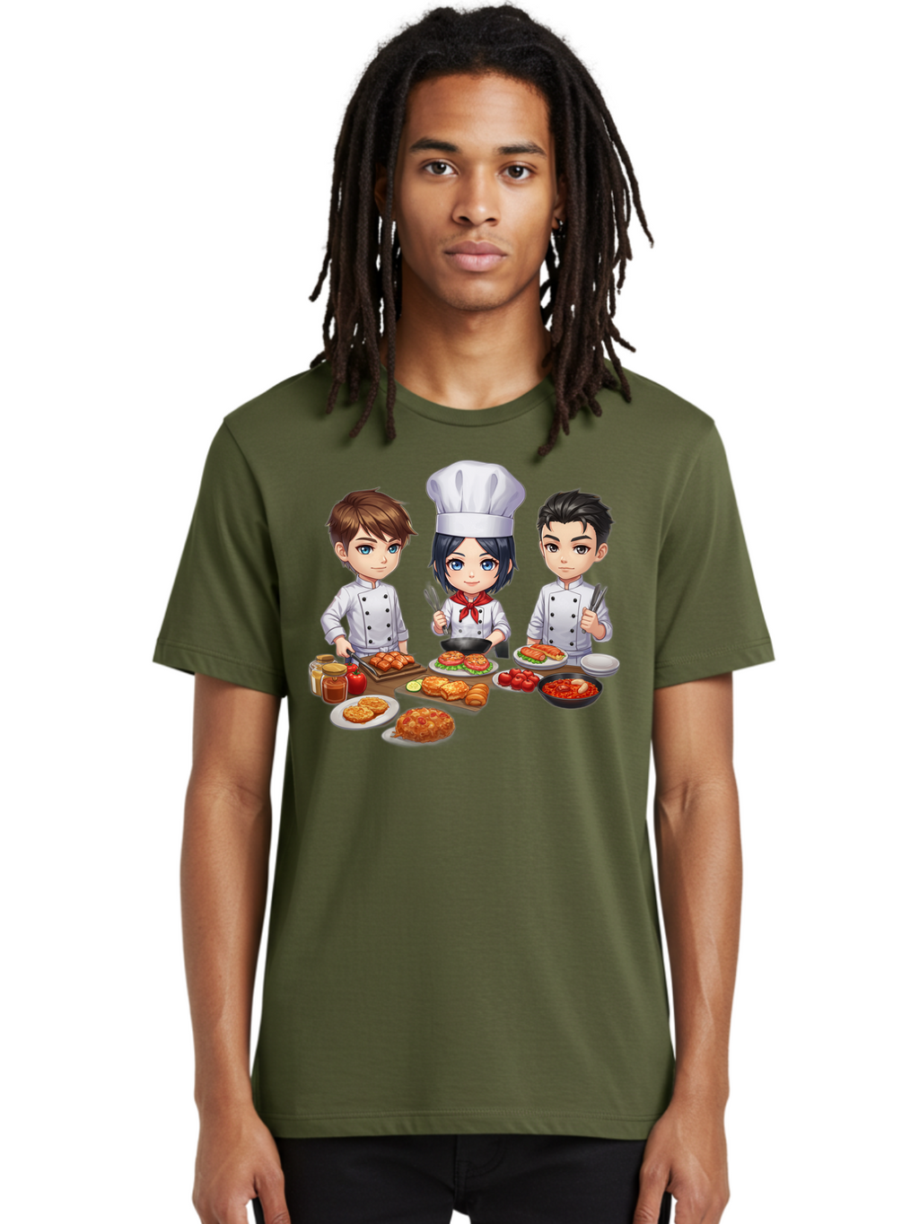 Chef-Team Men'S Graphic Tee, 100% Cotton, Comfortable Casual Summer Wear, Machine Washable, Cartoon Chefs, Cooking Together, Kitchen Teamwork, Culinary Delights, Food Preparation, Chef Hats, Kitchen Utensils, Delicious Dishes, Savory Meals, Bab731