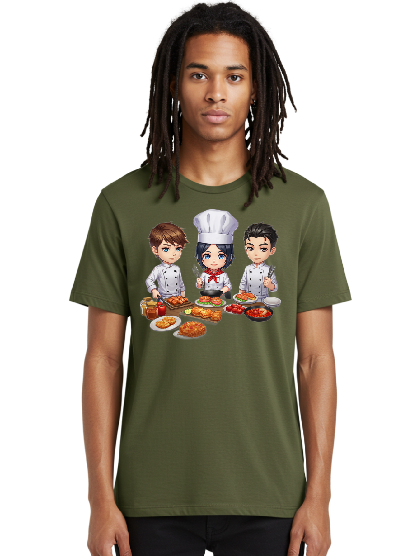 Chef-Team Men'S Graphic Tee, 100% Cotton, Comfortable Casual Summer Wear, Machine Washable, Cartoon Chefs, Cooking Together, Kitchen Teamwork, Culinary Delights, Food Preparation, Chef Hats, Kitchen Utensils, Delicious Dishes, Savory Meals, Bab731