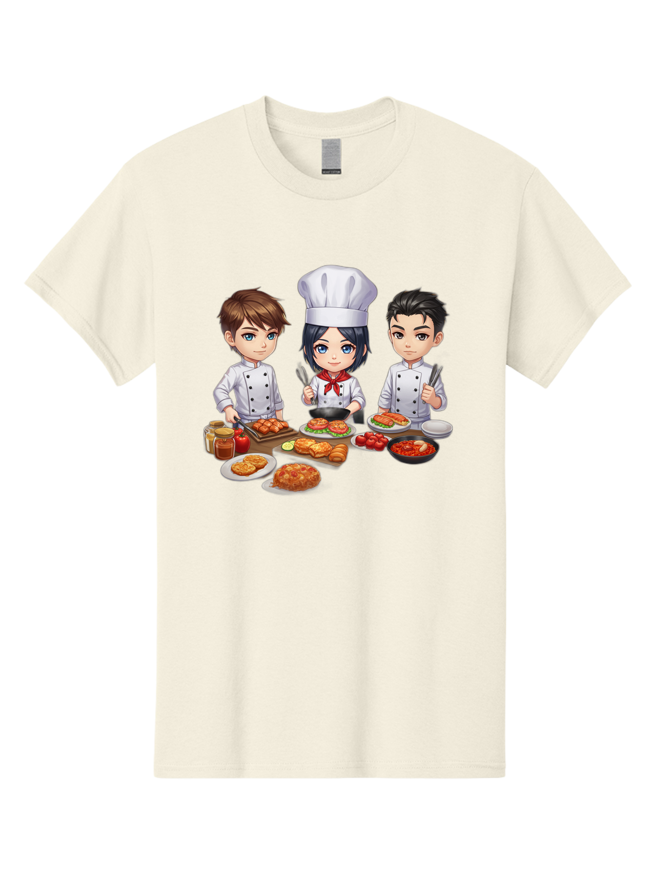 Chef-Team Men'S Graphic Tee, 100% Cotton, Comfortable Casual Summer Wear, Machine Washable, Cartoon Chefs, Cooking Together, Kitchen Teamwork, Culinary Delights, Food Preparation, Chef Hats, Kitchen Utensils, Delicious Dishes, Savory Meals, Bab731