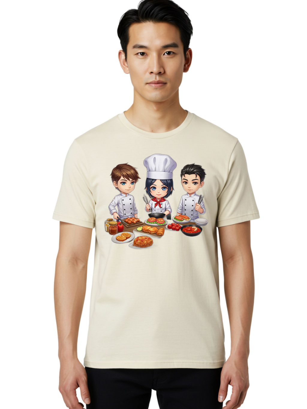 Chef-Team Men'S Graphic Tee, 100% Cotton, Comfortable Casual Summer Wear, Machine Washable, Cartoon Chefs, Cooking Together, Kitchen Teamwork, Culinary Delights, Food Preparation, Chef Hats, Kitchen Utensils, Delicious Dishes, Savory Meals, Bab731