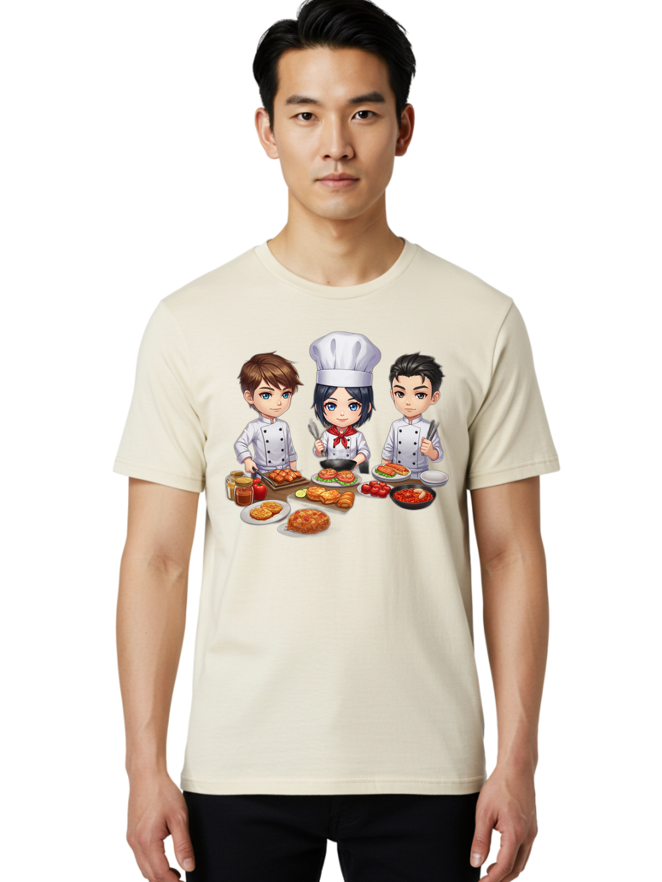 Chef-Team Men'S Graphic Tee, 100% Cotton, Comfortable Casual Summer Wear, Machine Washable, Cartoon Chefs, Cooking Together, Kitchen Teamwork, Culinary Delights, Food Preparation, Chef Hats, Kitchen Utensils, Delicious Dishes, Savory Meals, Bab731