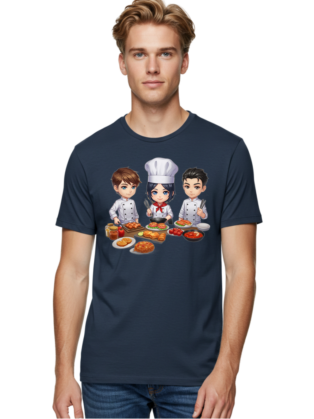 Chef-Team Men'S Graphic Tee, 100% Cotton, Comfortable Casual Summer Wear, Machine Washable, Cartoon Chefs, Cooking Together, Kitchen Teamwork, Culinary Delights, Food Preparation, Chef Hats, Kitchen Utensils, Delicious Dishes, Savory Meals, Bab731
