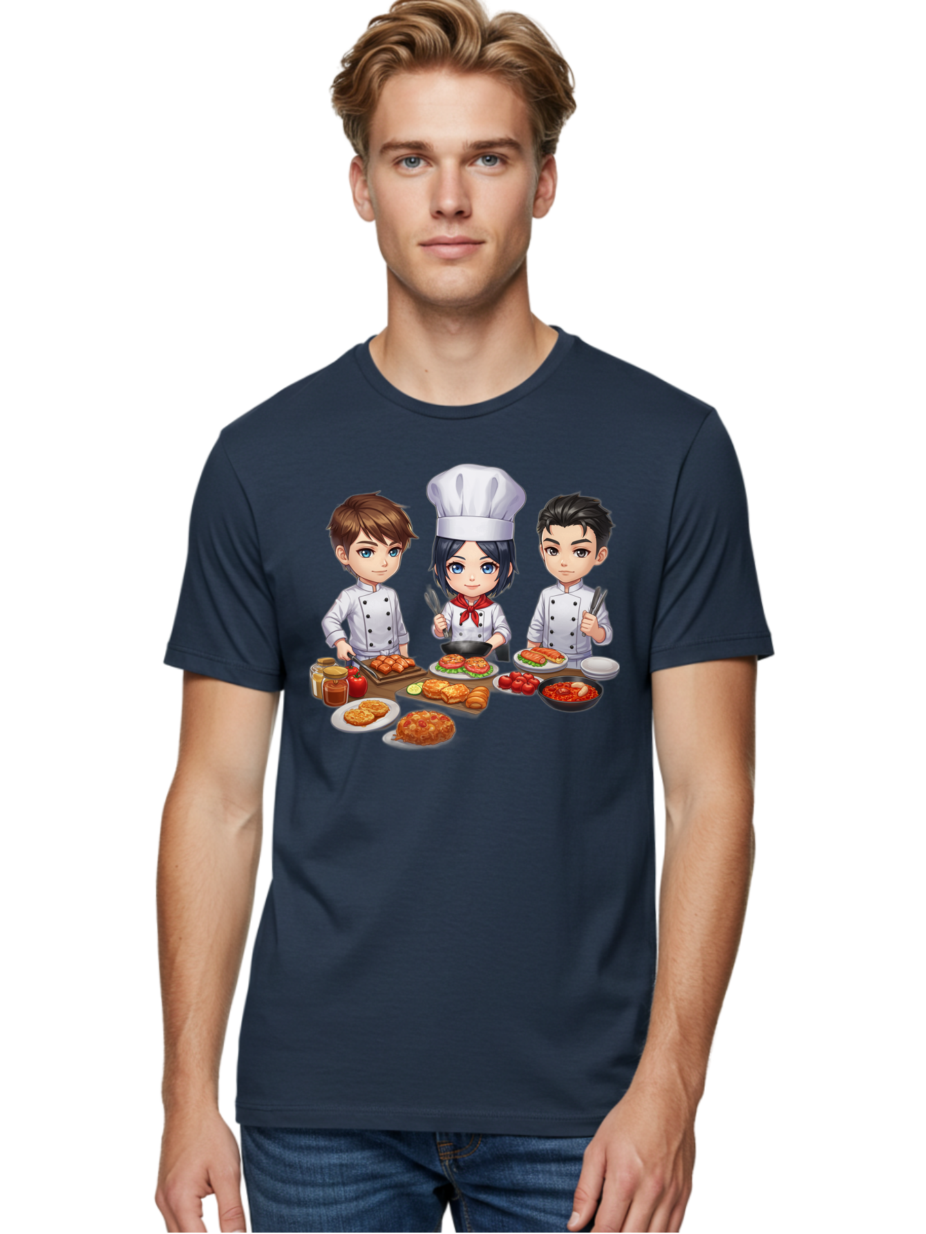 Chef-Team Men'S Graphic Tee, 100% Cotton, Comfortable Casual Summer Wear, Machine Washable, Cartoon Chefs, Cooking Together, Kitchen Teamwork, Culinary Delights, Food Preparation, Chef Hats, Kitchen Utensils, Delicious Dishes, Savory Meals, Bab731
