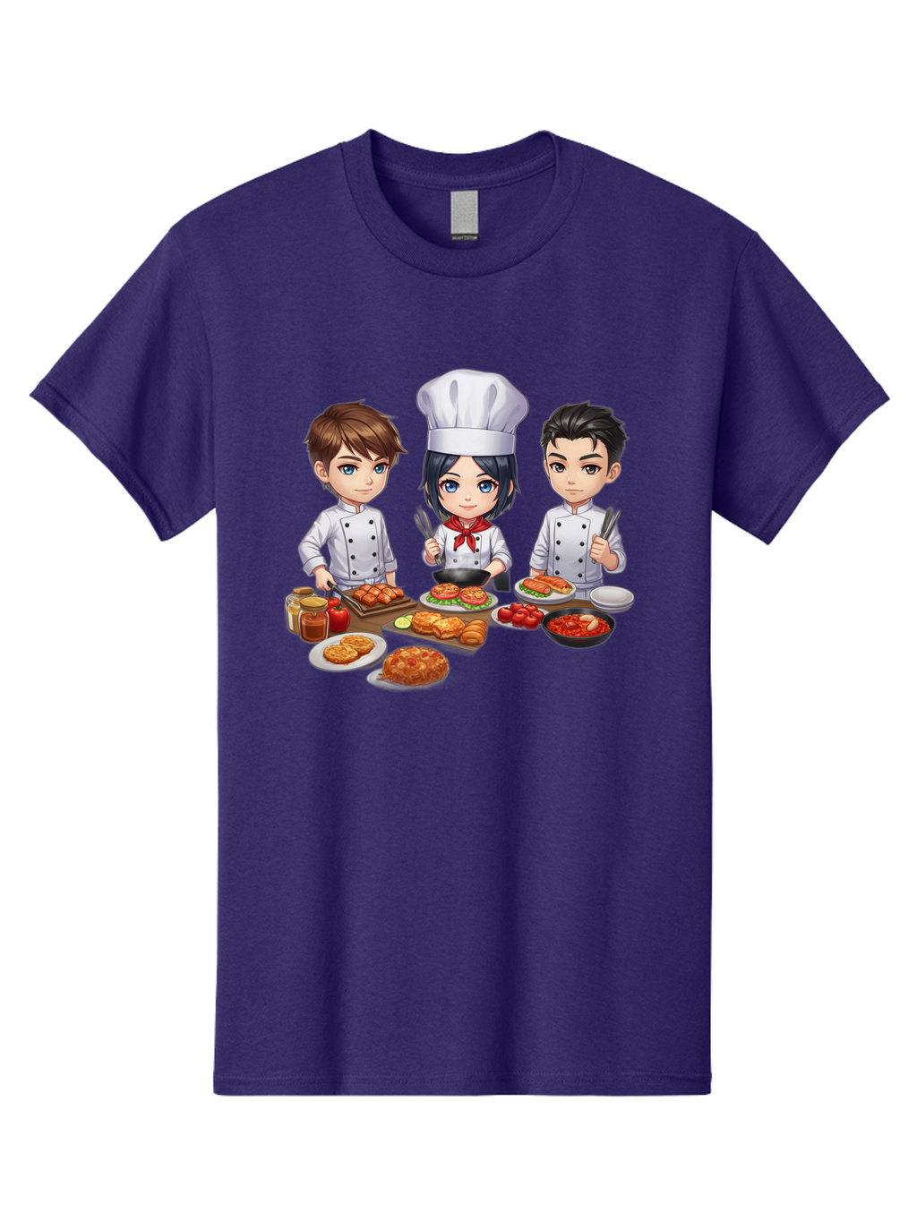 Chef-Team Men'S Graphic Tee, 100% Cotton, Comfortable Casual Summer Wear, Machine Washable, Cartoon Chefs, Cooking Together, Kitchen Teamwork, Culinary Delights, Food Preparation, Chef Hats, Kitchen Utensils, Delicious Dishes, Savory Meals, Bab731