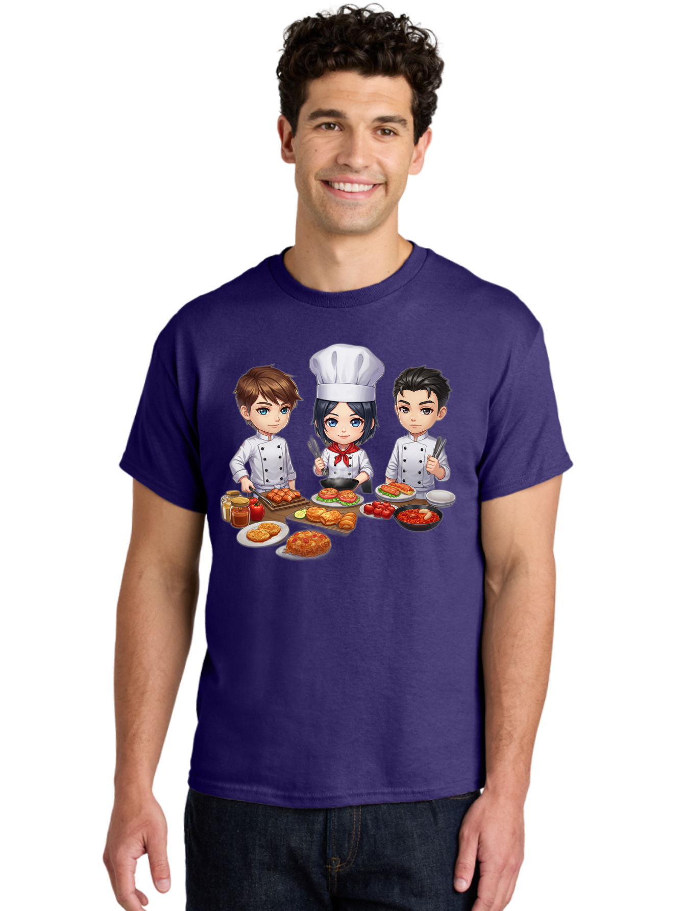 Chef-Team Men'S Graphic Tee, 100% Cotton, Comfortable Casual Summer Wear, Machine Washable, Cartoon Chefs, Cooking Together, Kitchen Teamwork, Culinary Delights, Food Preparation, Chef Hats, Kitchen Utensils, Delicious Dishes, Savory Meals, Bab731