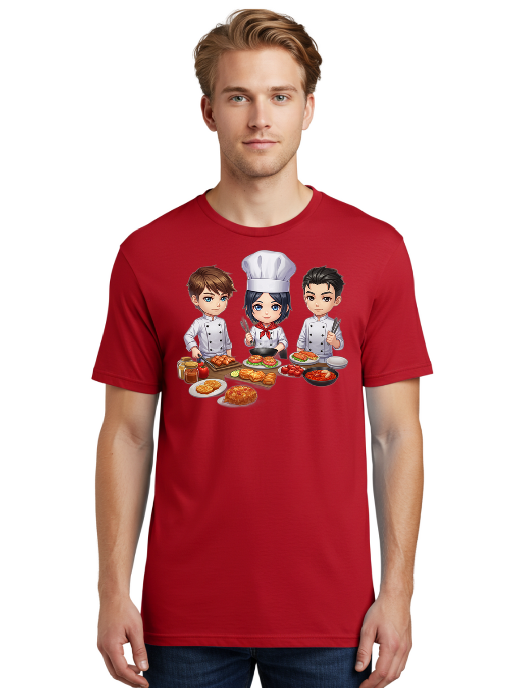 Chef-Team Men'S Graphic Tee, 100% Cotton, Comfortable Casual Summer Wear, Machine Washable, Cartoon Chefs, Cooking Together, Kitchen Teamwork, Culinary Delights, Food Preparation, Chef Hats, Kitchen Utensils, Delicious Dishes, Savory Meals, Bab731