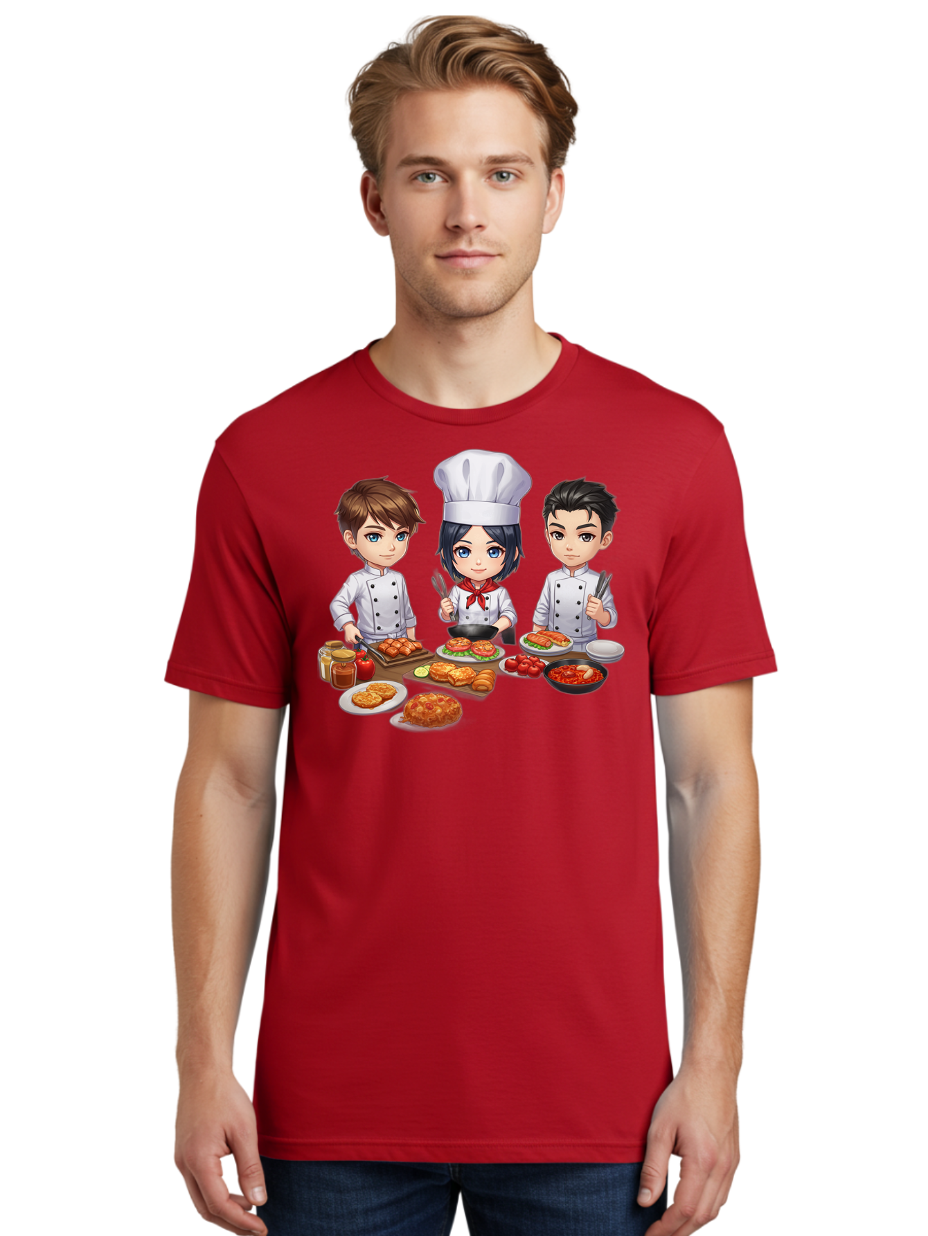 Chef-Team Men'S Graphic Tee, 100% Cotton, Comfortable Casual Summer Wear, Machine Washable, Cartoon Chefs, Cooking Together, Kitchen Teamwork, Culinary Delights, Food Preparation, Chef Hats, Kitchen Utensils, Delicious Dishes, Savory Meals, Bab731