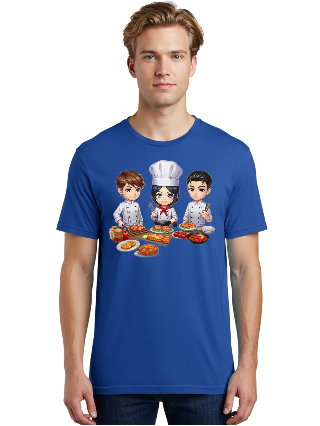 Chef-Team Men'S Graphic Tee, 100% Cotton, Comfortable Casual Summer Wear, Machine Washable, Cartoon Chefs, Cooking Together, Kitchen Teamwork, Culinary Delights, Food Preparation, Chef Hats, Kitchen Utensils, Delicious Dishes, Savory Meals, Bab731