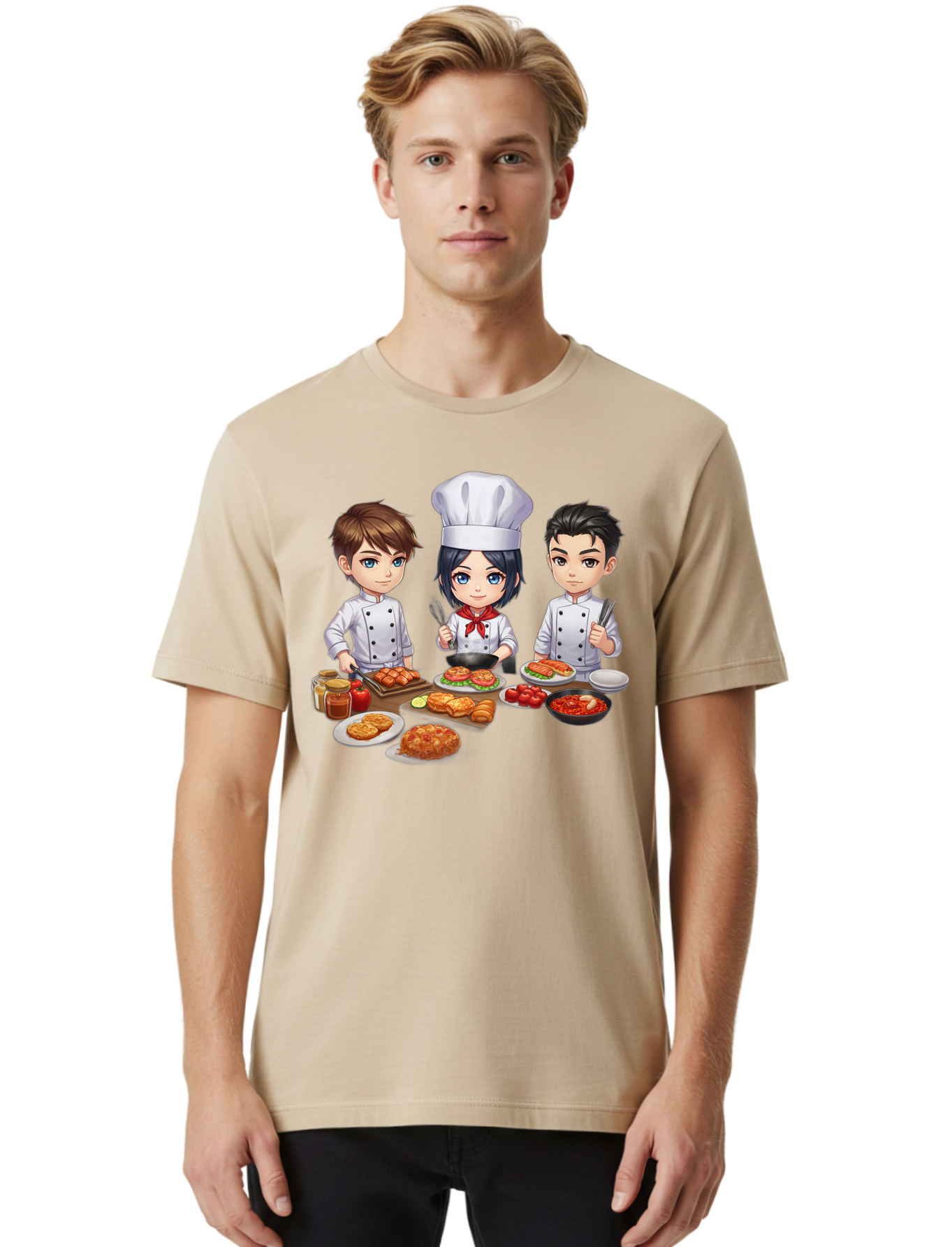 Chef-Team Men'S Graphic Tee, 100% Cotton, Comfortable Casual Summer Wear, Machine Washable, Cartoon Chefs, Cooking Together, Kitchen Teamwork, Culinary Delights, Food Preparation, Chef Hats, Kitchen Utensils, Delicious Dishes, Savory Meals, Bab731