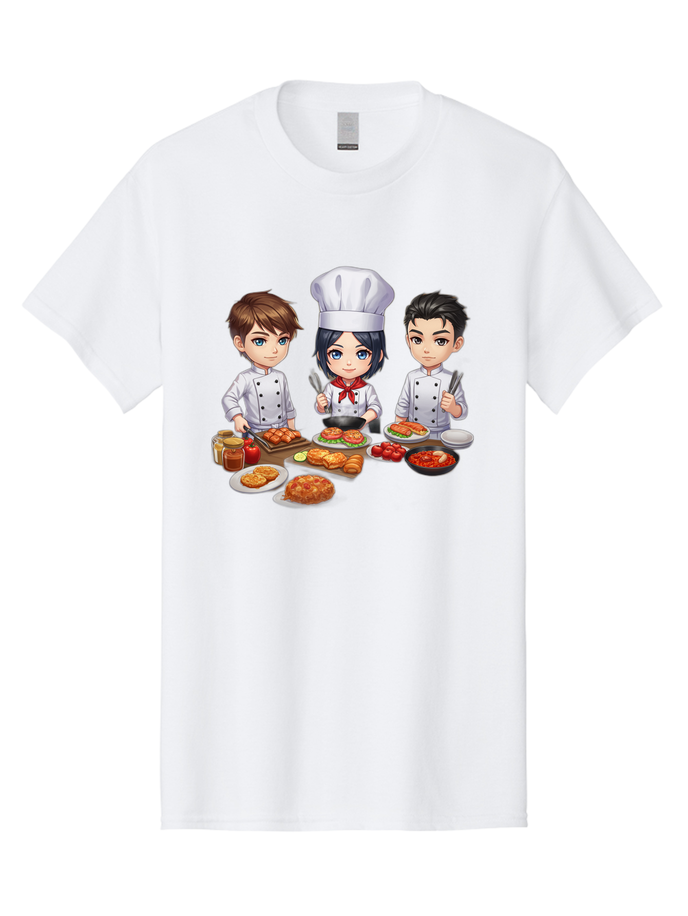 Chef-Team Men'S Graphic Tee, 100% Cotton, Comfortable Casual Summer Wear, Machine Washable, Cartoon Chefs, Cooking Together, Kitchen Teamwork, Culinary Delights, Food Preparation, Chef Hats, Kitchen Utensils, Delicious Dishes, Savory Meals, Bab731