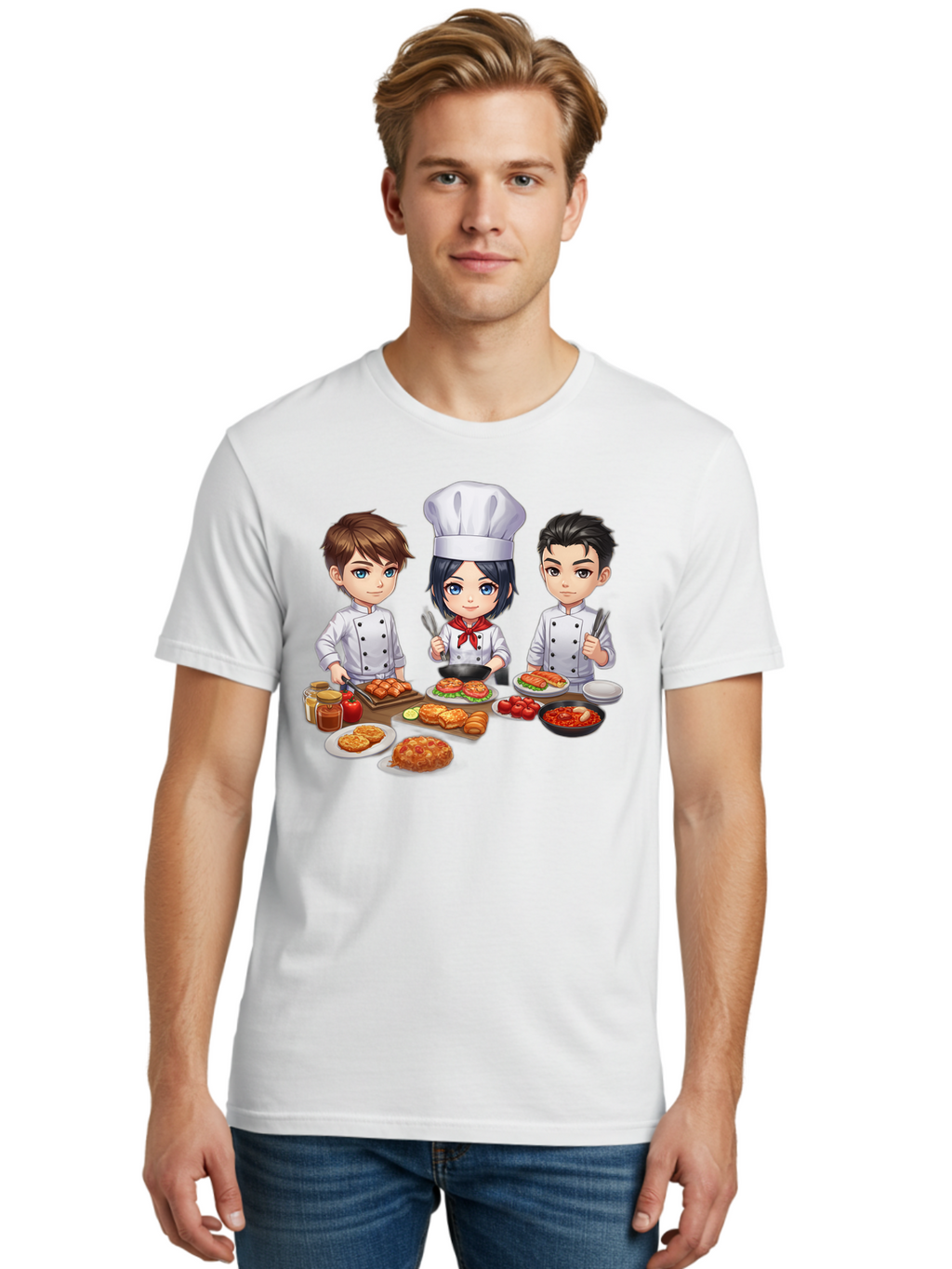 Chef-Team Men'S Graphic Tee, 100% Cotton, Comfortable Casual Summer Wear, Machine Washable, Cartoon Chefs, Cooking Together, Kitchen Teamwork, Culinary Delights, Food Preparation, Chef Hats, Kitchen Utensils, Delicious Dishes, Savory Meals, Bab731