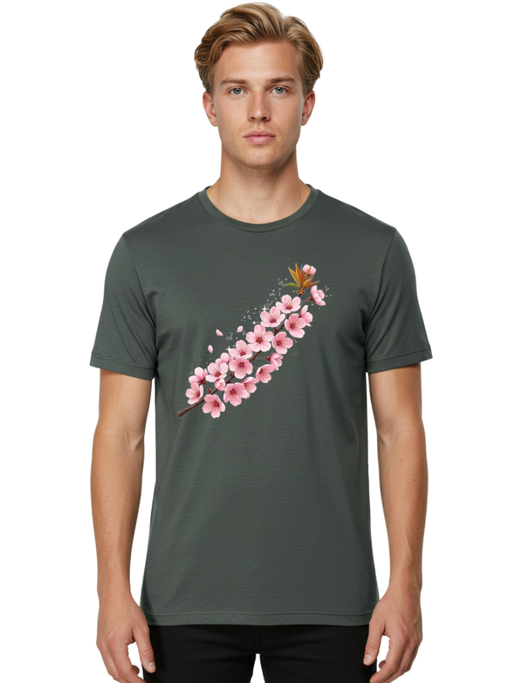 Cherry-Blossom-Branch Men'S Graphic Tee, 100% Cotton, Comfortable Casual Summer Wear, Machine Washable, Cherry Blossom Flowers, Pink Petals, Falling Petals, Floral Arrangement, Delicate Blooms, Spring Flowers, Soft Pink Hues, Flower Branch Bab732
