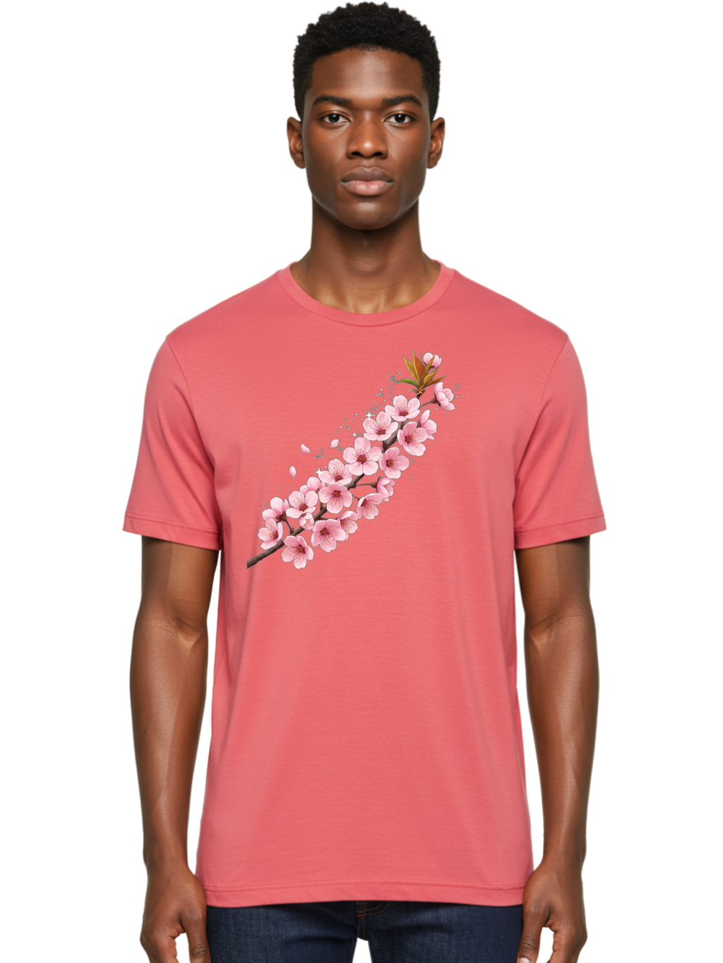 Cherry-Blossom-Branch Men'S Graphic Tee, 100% Cotton, Comfortable Casual Summer Wear, Machine Washable, Cherry Blossom Flowers, Pink Petals, Falling Petals, Floral Arrangement, Delicate Blooms, Spring Flowers, Soft Pink Hues, Flower Branch Bab732