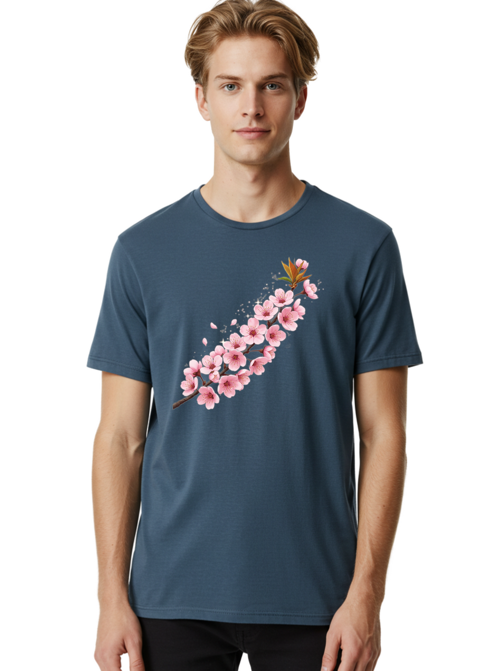 Cherry-Blossom-Branch Men'S Graphic Tee, 100% Cotton, Comfortable Casual Summer Wear, Machine Washable, Cherry Blossom Flowers, Pink Petals, Falling Petals, Floral Arrangement, Delicate Blooms, Spring Flowers, Soft Pink Hues, Flower Branch Bab732