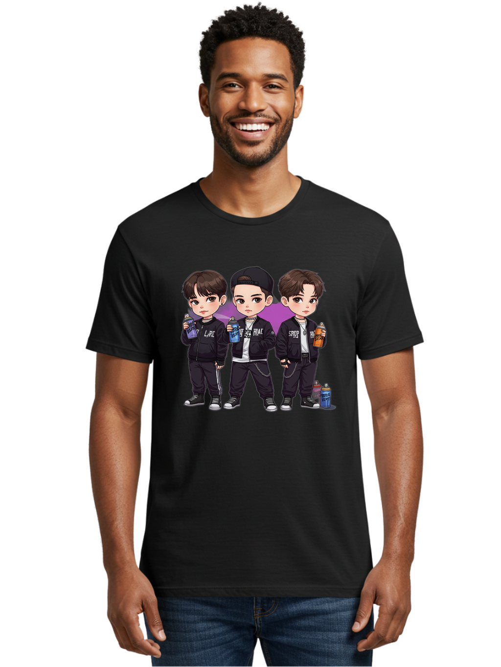 Chibi-Boys Men'S Graphic Tee, 100% Cotton, Comfortable Casual Summer Wear, Machine Washable, Three Boys In Black Jackets, Streetwear Fashion, Casual Style, Young Males, Holding Cans, Urban Look, Lrc, Hiac, Srof, Graffiti Style, Kawaii Art, Bab733