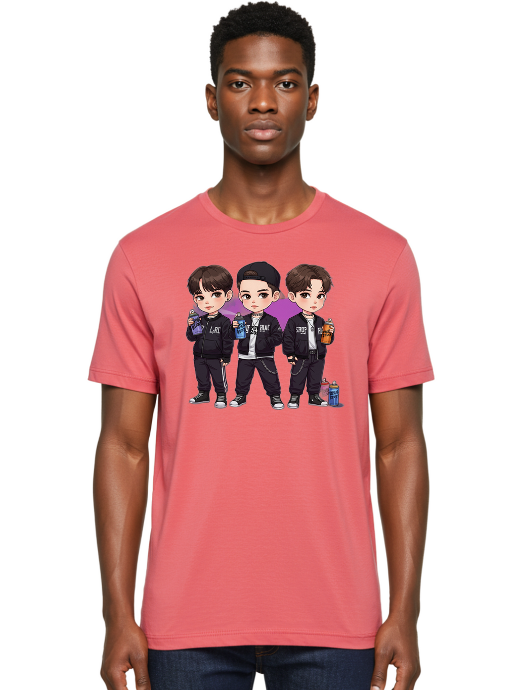 Chibi-Boys Men'S Graphic Tee, 100% Cotton, Comfortable Casual Summer Wear, Machine Washable, Three Boys In Black Jackets, Streetwear Fashion, Casual Style, Young Males, Holding Cans, Urban Look, Lrc, Hiac, Srof, Graffiti Style, Kawaii Art, Bab733