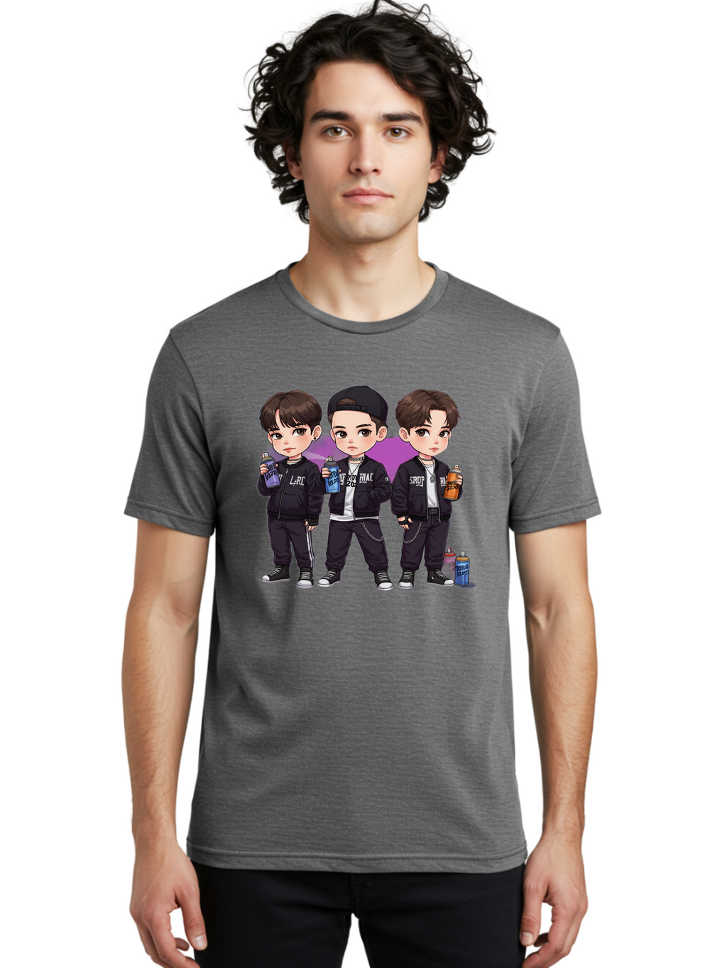 Chibi-Boys Men'S Graphic Tee, 100% Cotton, Comfortable Casual Summer Wear, Machine Washable, Three Boys In Black Jackets, Streetwear Fashion, Casual Style, Young Males, Holding Cans, Urban Look, Lrc, Hiac, Srof, Graffiti Style, Kawaii Art, Bab733